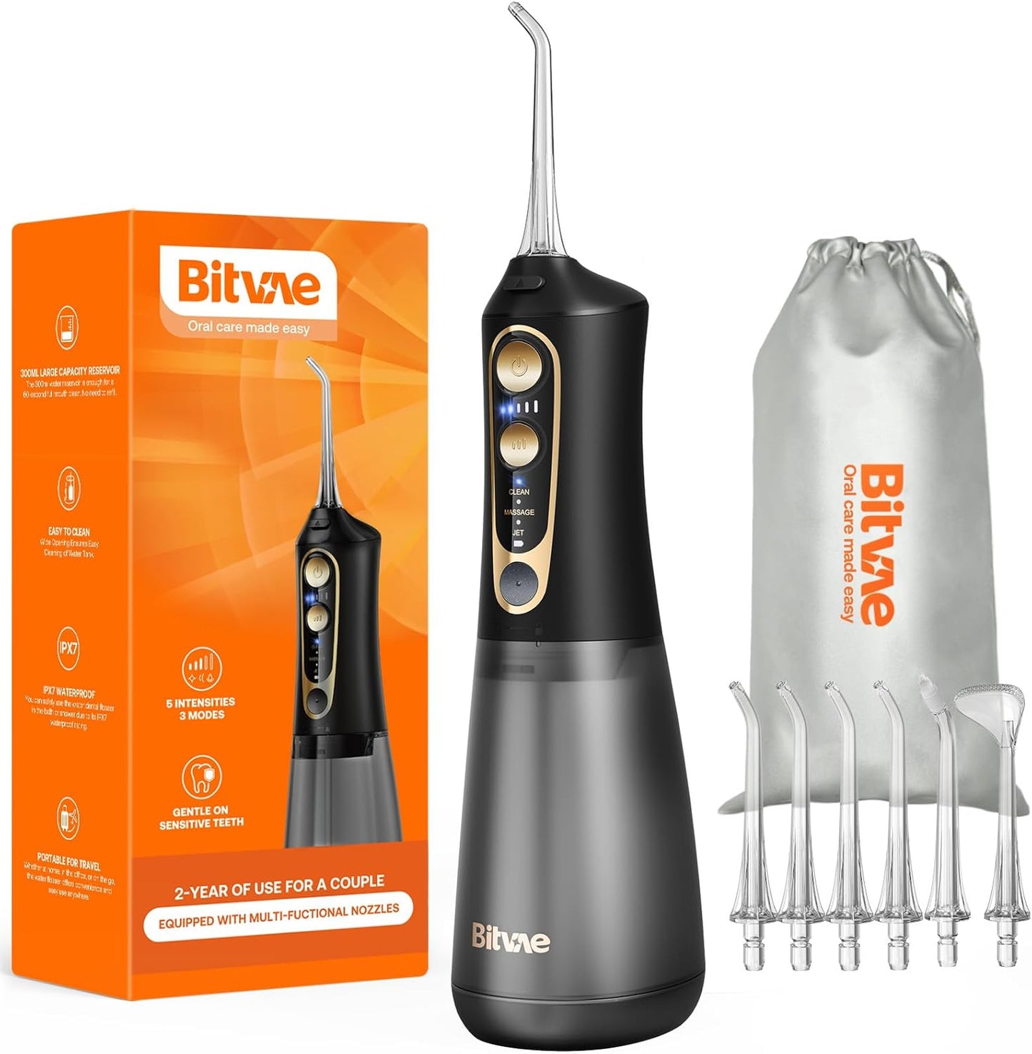 Bitvae Water Dental Flosser - Cordless Oral Irrigator with 6 Jet Tips | 3 Modes, IPX7 Waterproof, Portable, Black