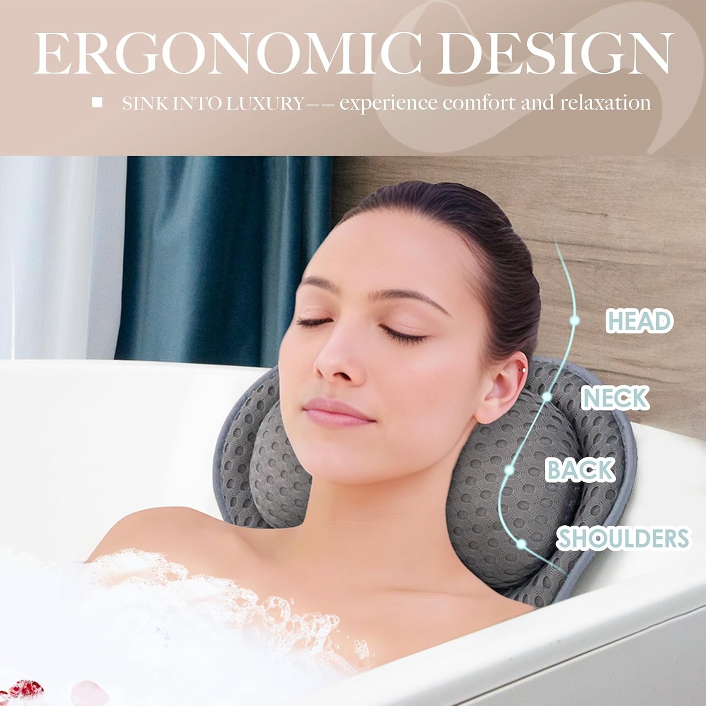 Bath Pillows for Tub - Luxury Head and Neck Support | 4D Air Mesh Fabric & 6 Non-Slip Suction Cups (Gray)