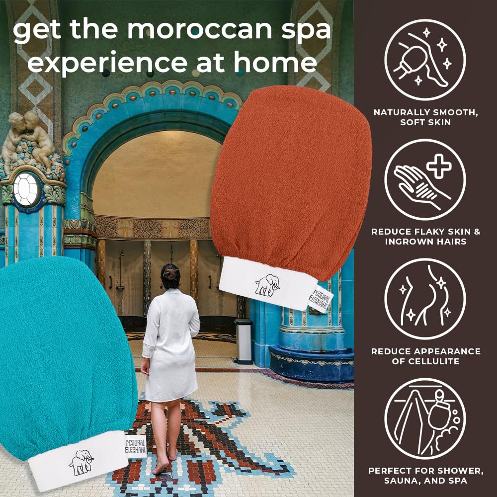 Natural Elephant Moroccan Black Soap - 200g (7oz) with Exfoliating Hammam Glove Combo | Pink Tulip