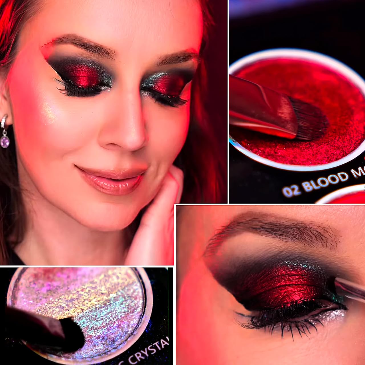 DE'LANCI Red Blue Multichrome Eyeshadow Palette, High Pigment Metallic Silver Shimmer Eyeshadow for Goth, Clown/Joker Smoky Makeup, Longwear Vegan Chameleon Iridescent Black Halloween Cosplay Party