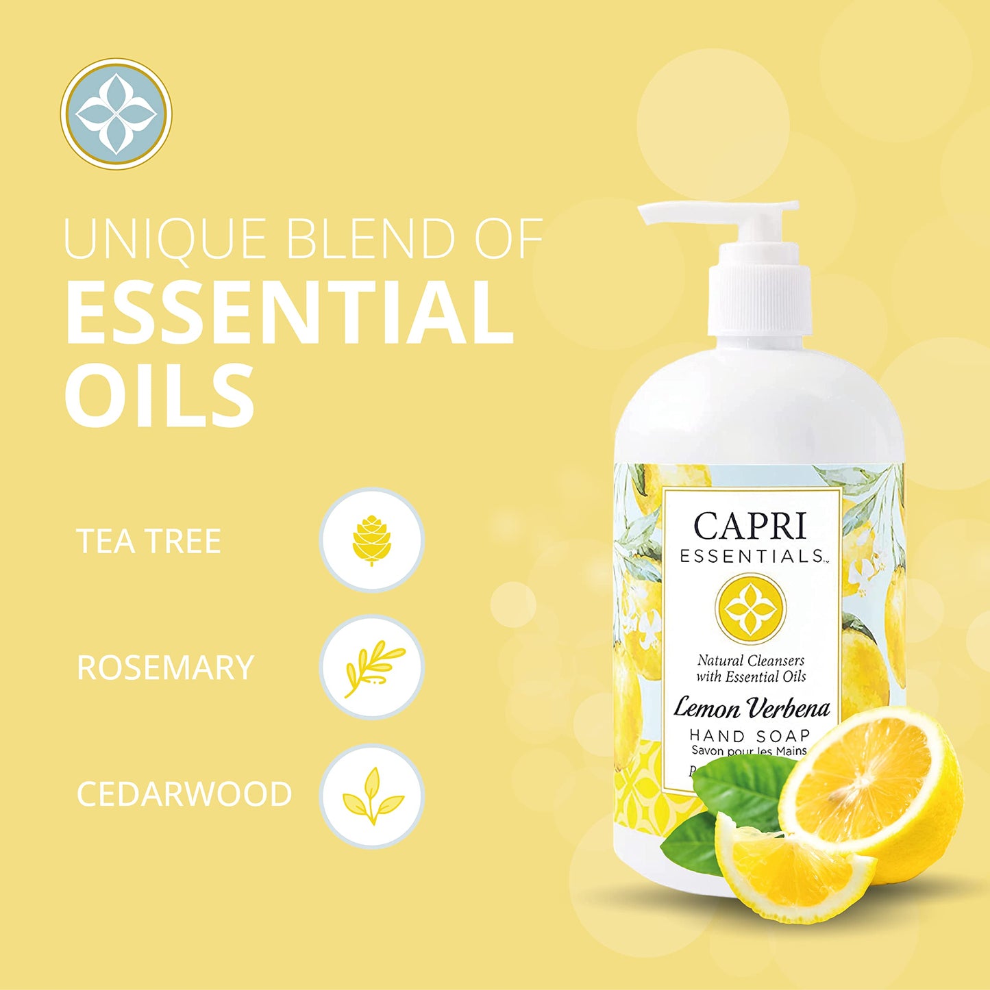 CAPRI ESSENTIALS Hand Soap Liquid, Natural Household Cleaning Supplies, Gentle Plant Based Aromatic Hand Wash, Blend of Essential Oils, Removes Dirt & Grime, Lemon Verbena Scent, 16 FL Oz (6 Pack)
