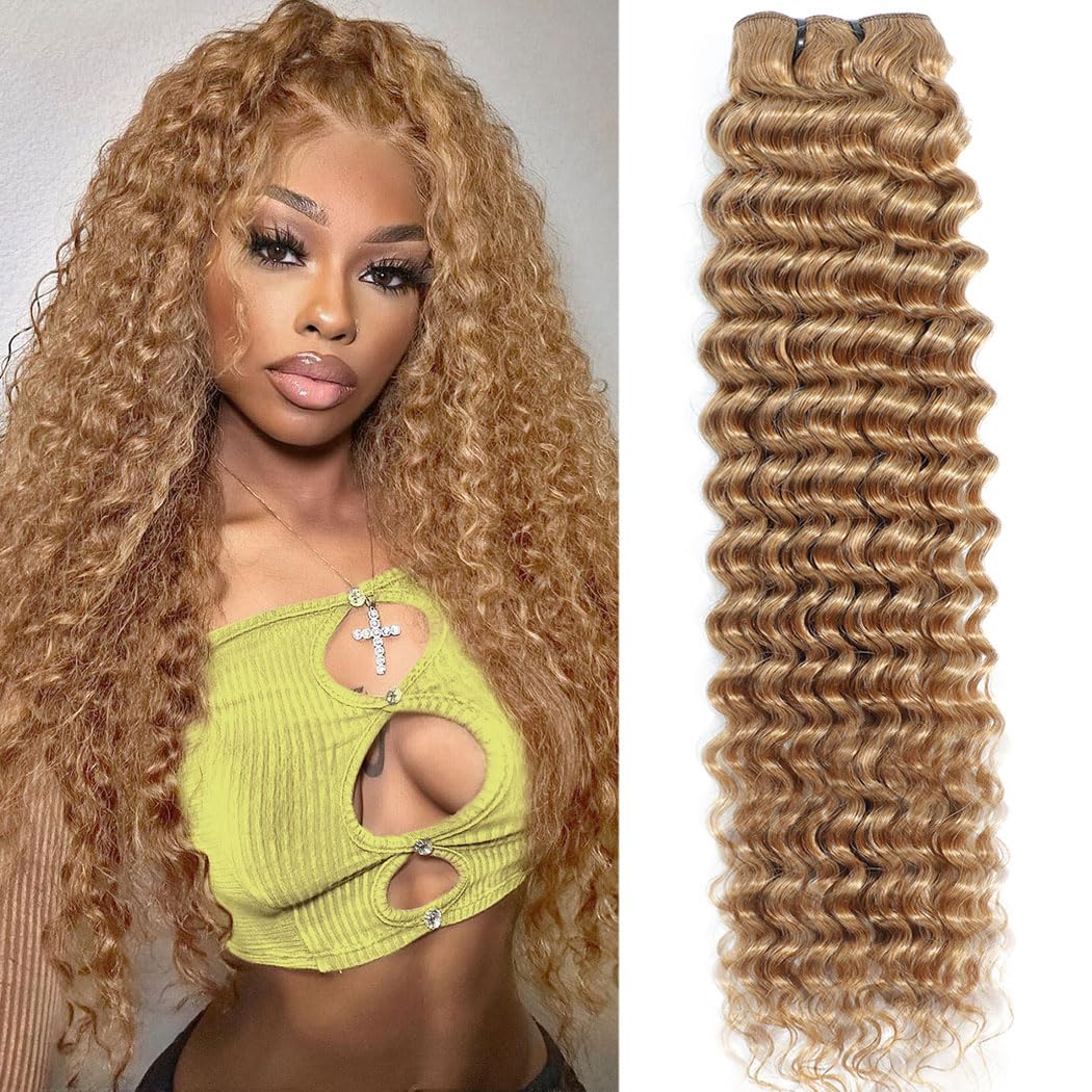 #27 Blonde Deep Wave Human Hair Bundles 20 Inch 12A Brazilian Human Hair Curly 1 Bundle Honey Blonde Wet and Wavy Bundles for Black Women