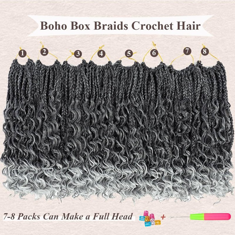 Goddess Box Braids Crochet Hair 10 Inch Bohemian Box Braids Crochet Hair with Curly Ends Boho 3X Synthetic Crochet Braiding Hair for Women (8 pack, 1b/gray#)