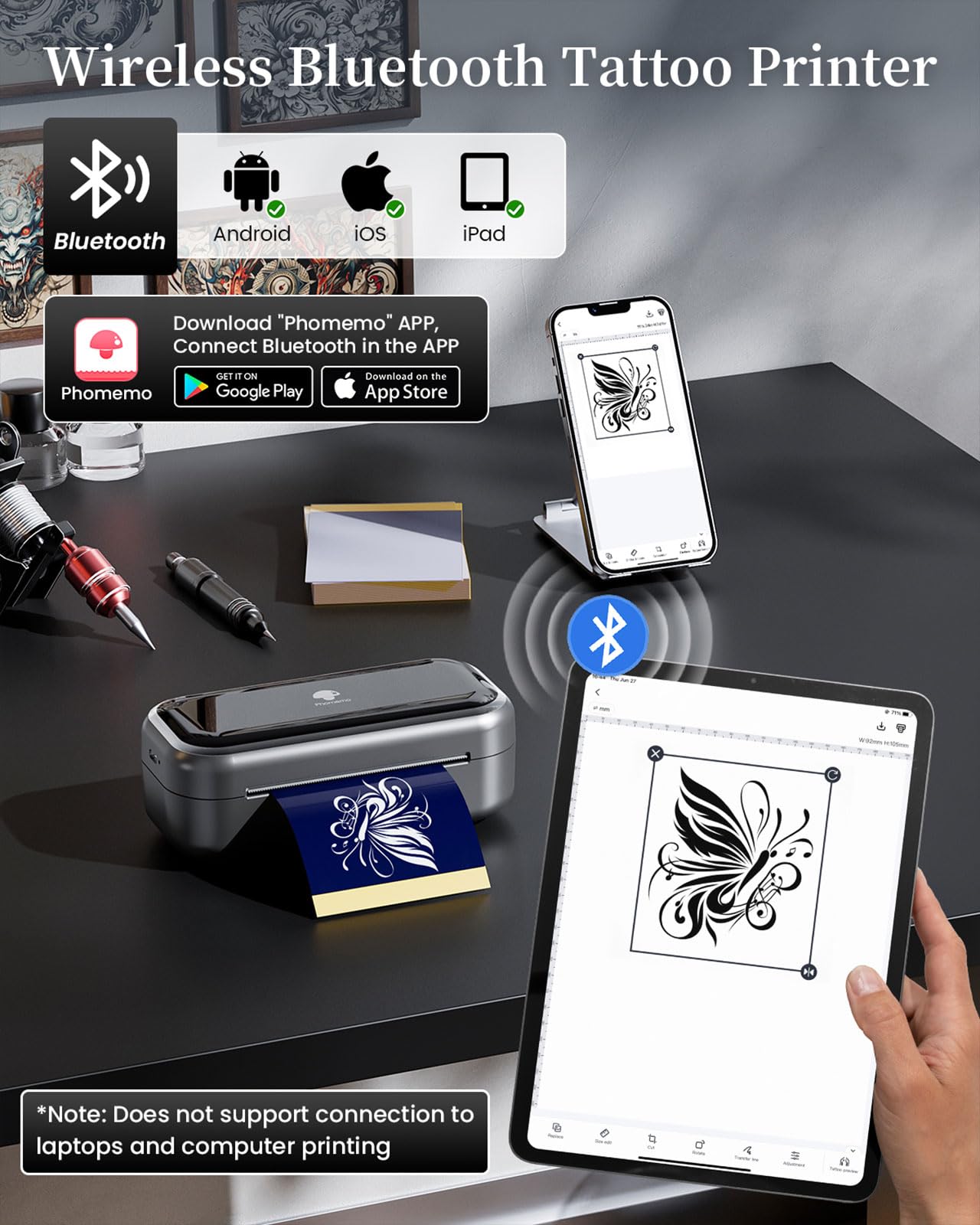 Phomemo TP31 Wireless Tattoo Stencil Printer with 30pcs Transfer Paper, Compatible with Phone & Tablet, Bluetooth Mini Thermal Tattoo Printer Machine for Artists & Beginners, for Halloween
