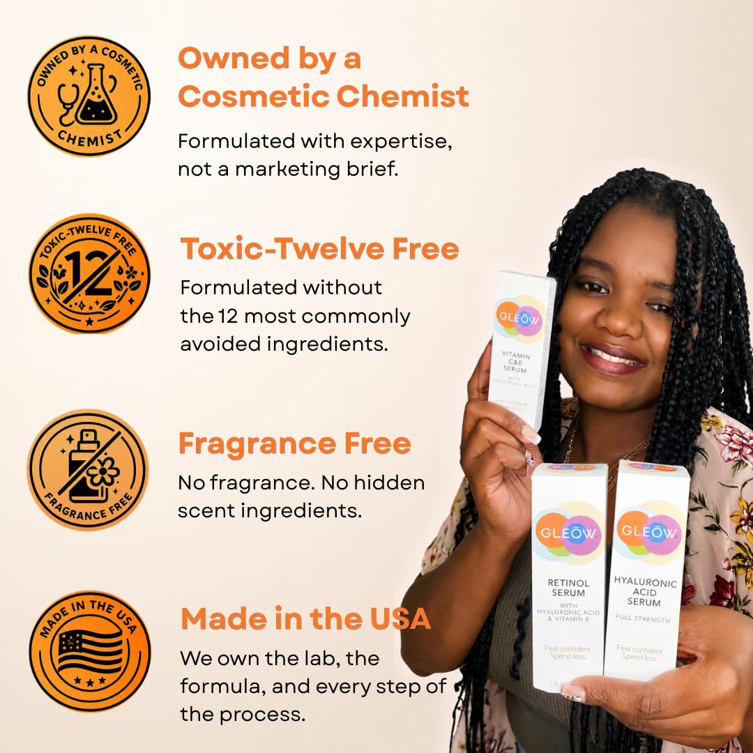GLEOW Skincare Set: Retinol, Vitamin C, and 99% Hyaluronic Acid Serum, Face Serum Set Targets Appearance of Uneven Skin and Dryness, Total Package Serum Set 3x1 oz