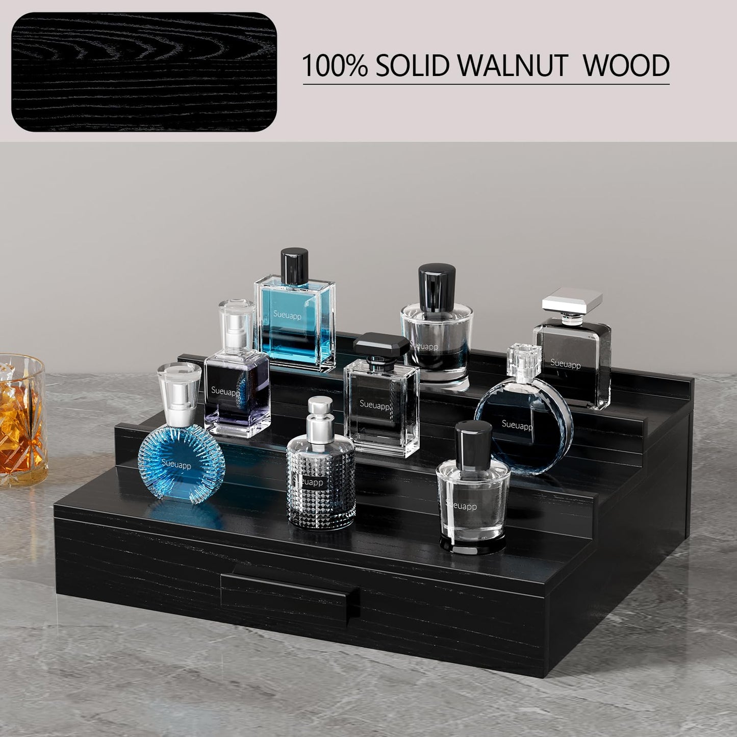Sueuapp Walnut Wood Cologne Organizer for Men,3 Tier Cologne Stand,Cologne Shelf Display Holder,Perfume Stand Organizer with Hidden Compartment and Drawer,Great Gift for Men,Black
