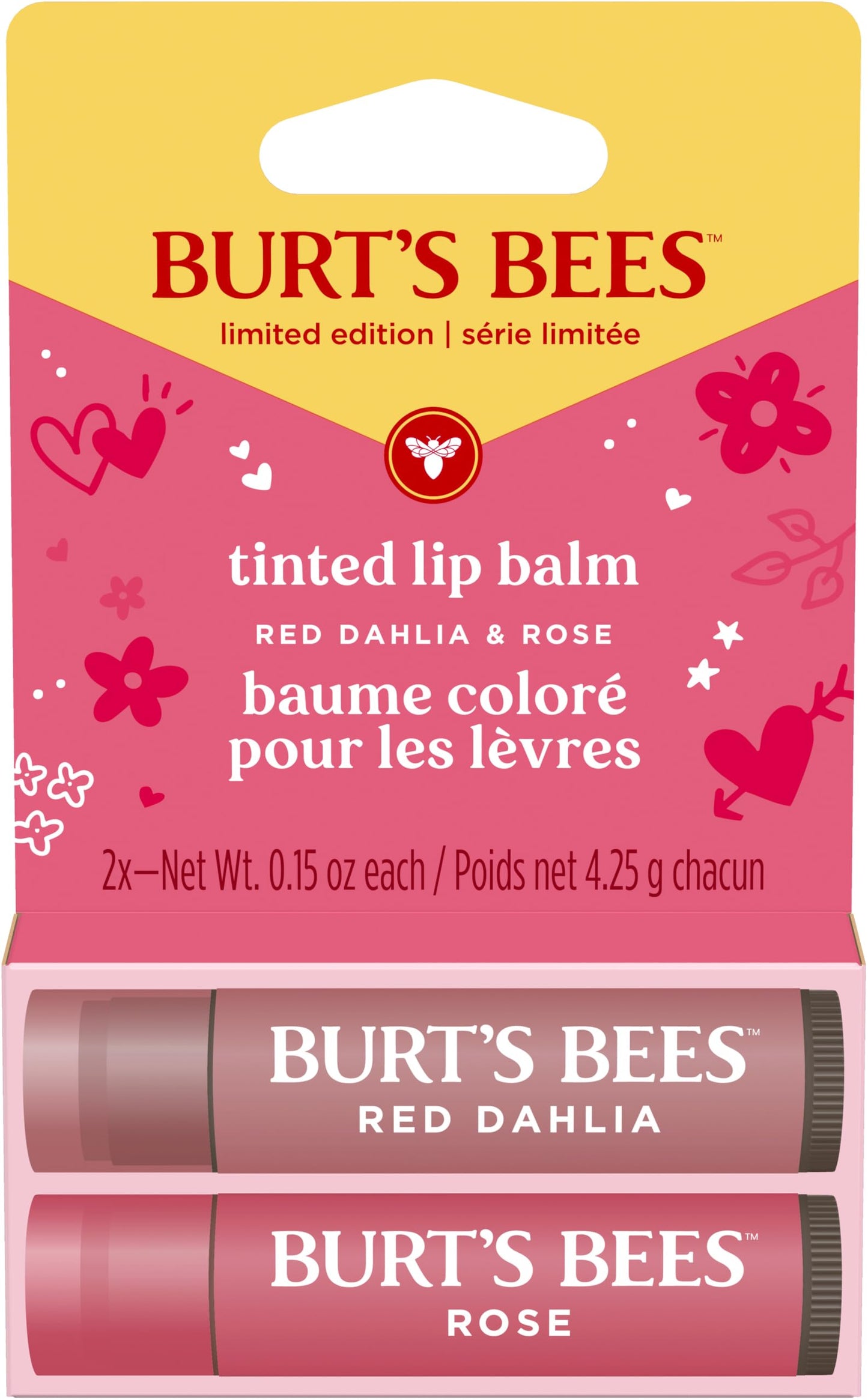 Burt's Bees Lip Tint Balm, Mothers Day Gifts with Long Lasting 2 in 1 Duo Tinted Balm Formula, Color Infused with Hydrating Shea Butter, Red Dahlia + Rose (2-Pack)