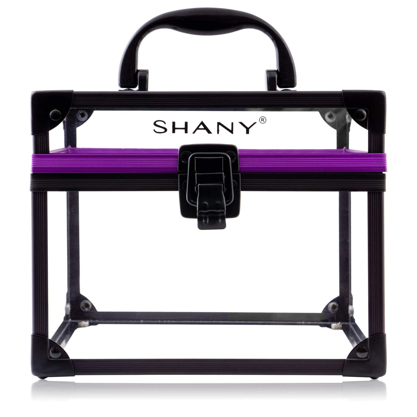 SHANY Clear Cosmetics and Toiletry Train Case - Clear Travel Makeup Bag Case Organizer with Secure Closure and Black/Purple Accents - 3PC Set