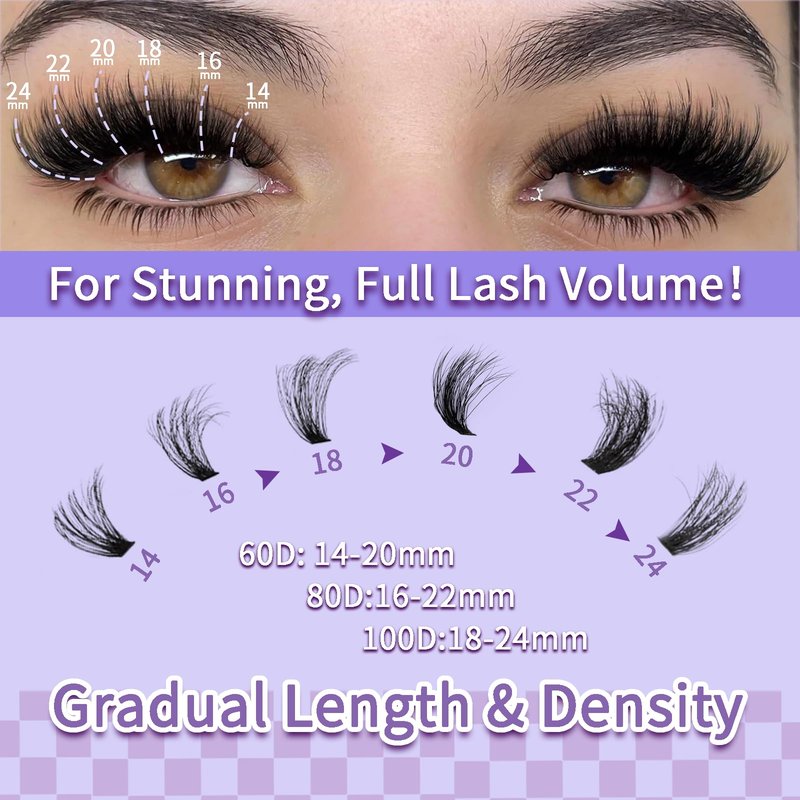 Lash Extension Kit 14-24mm Lash Clusters Kit 60D+80D+100D Thick Volume Eyelash Extension Kit D Curly DIY Individual Lashes 3 Style Lashes with Waterproof Lash Bond and Seal and Tweezers