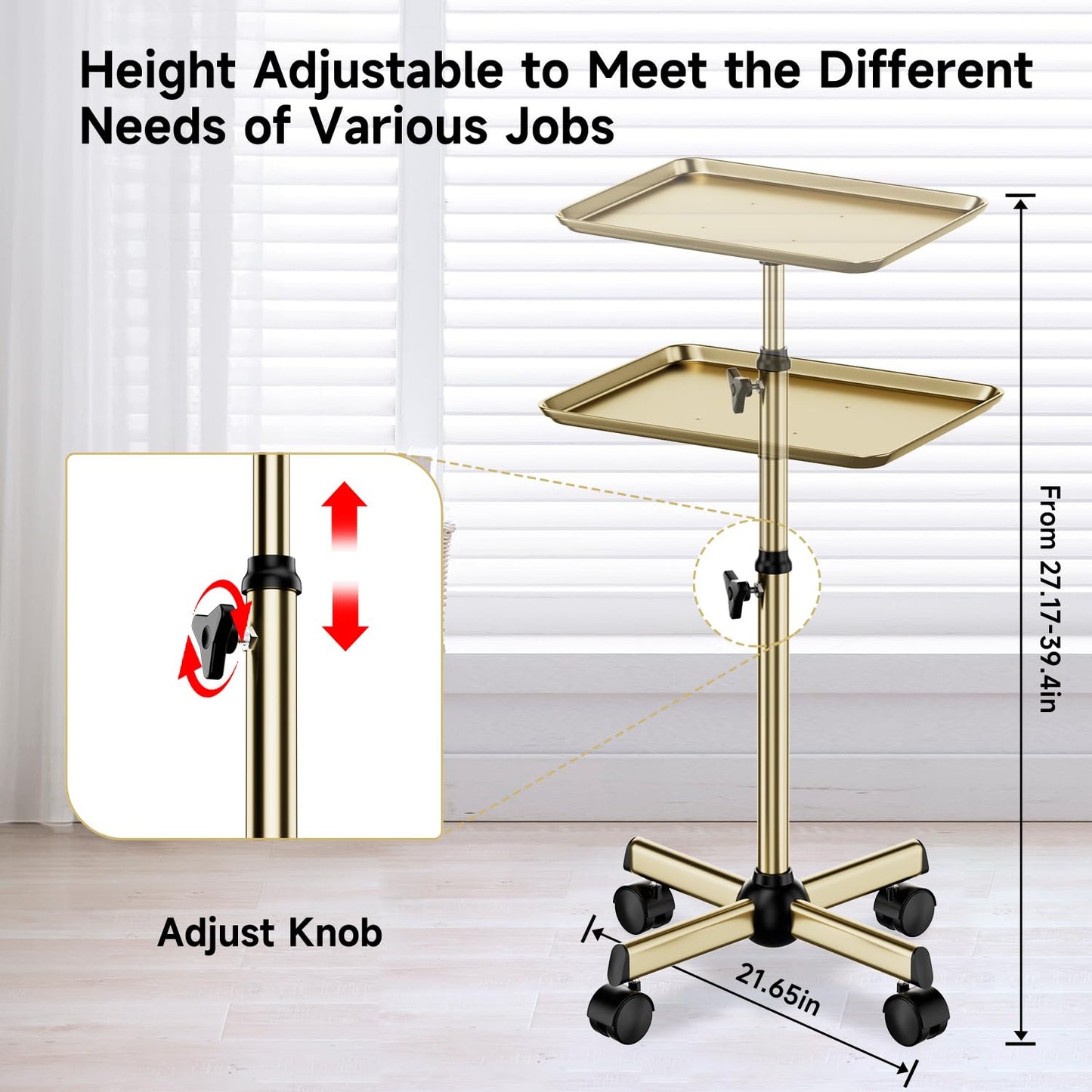 Salon Tray, Premium Metal Rolling Tray Cart, Tattoo Tray Height Adjustable, Dentist Tray Medical Tray Spa Service Rolling Tray,Champagne Gold