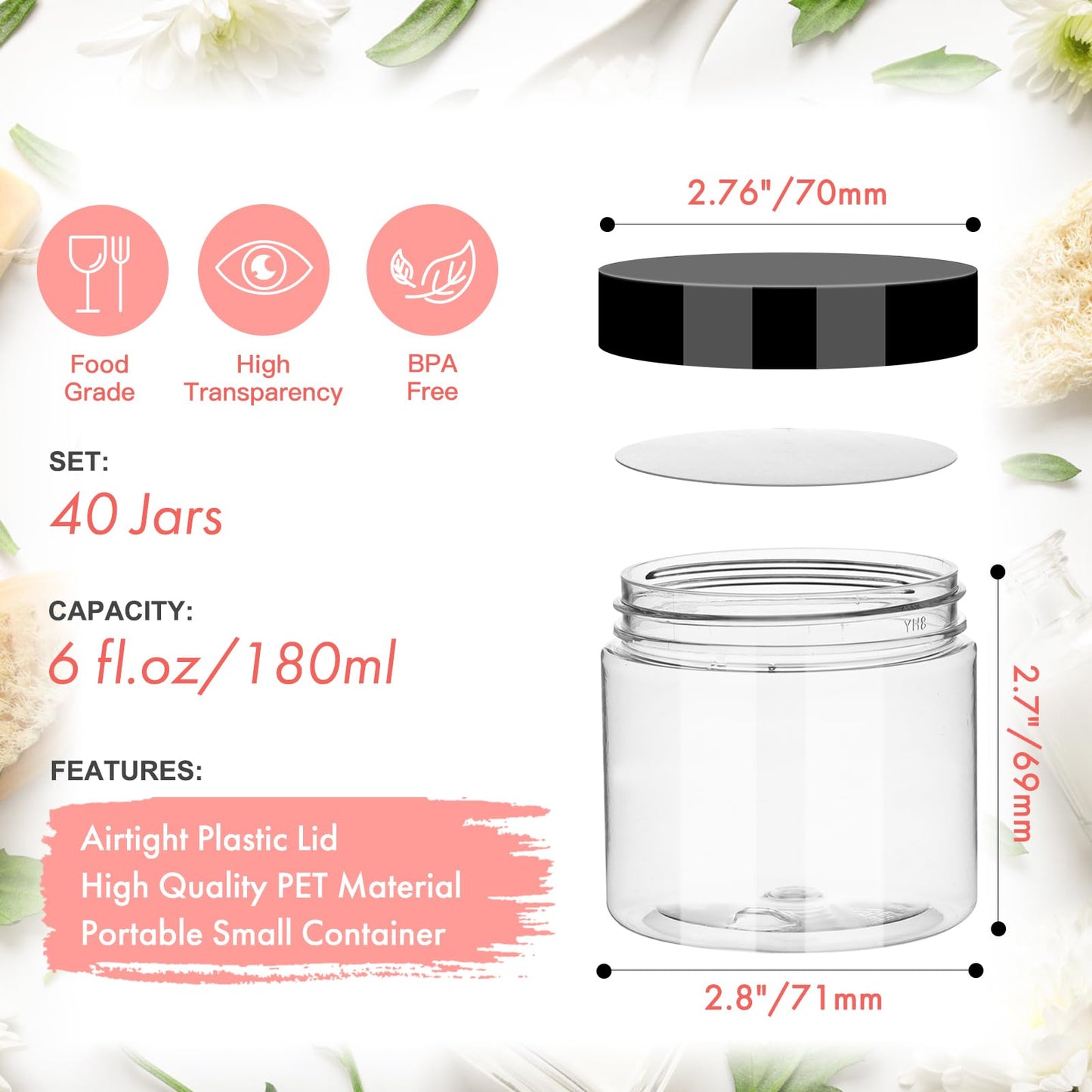 6 oz Small Size Containers 40 Pack, Empty Plastic Jars with Leakproof Lids