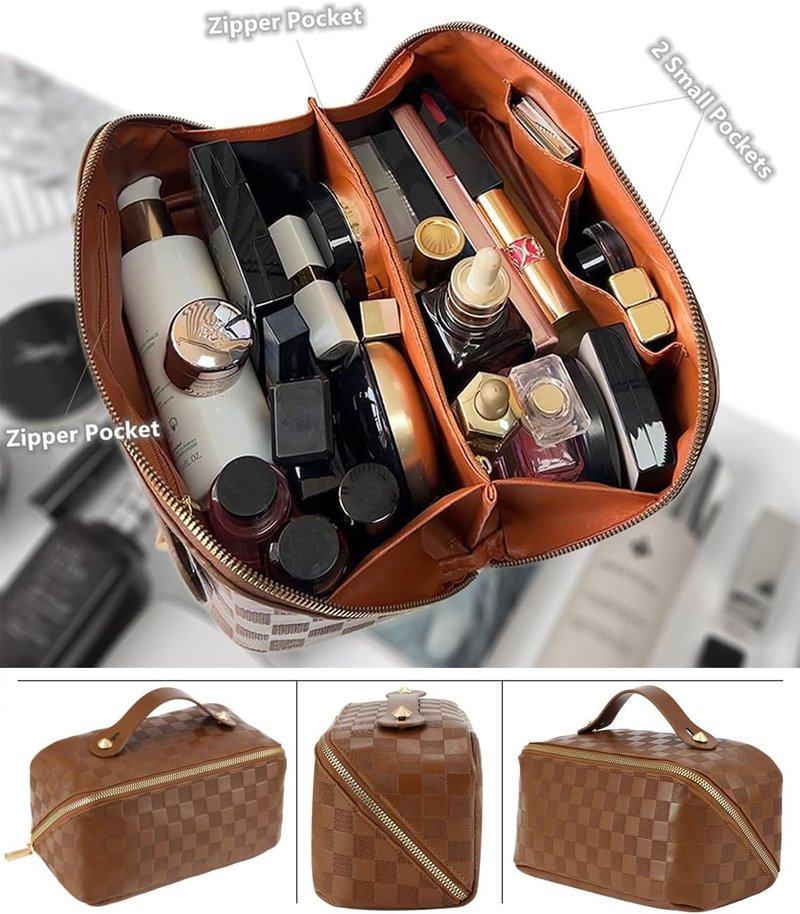 Checkered Travel Makeup Bags | Large Capacity Waterproof Cosmetic Organizer Set - PU Leather with Handle & Divider (Brown)