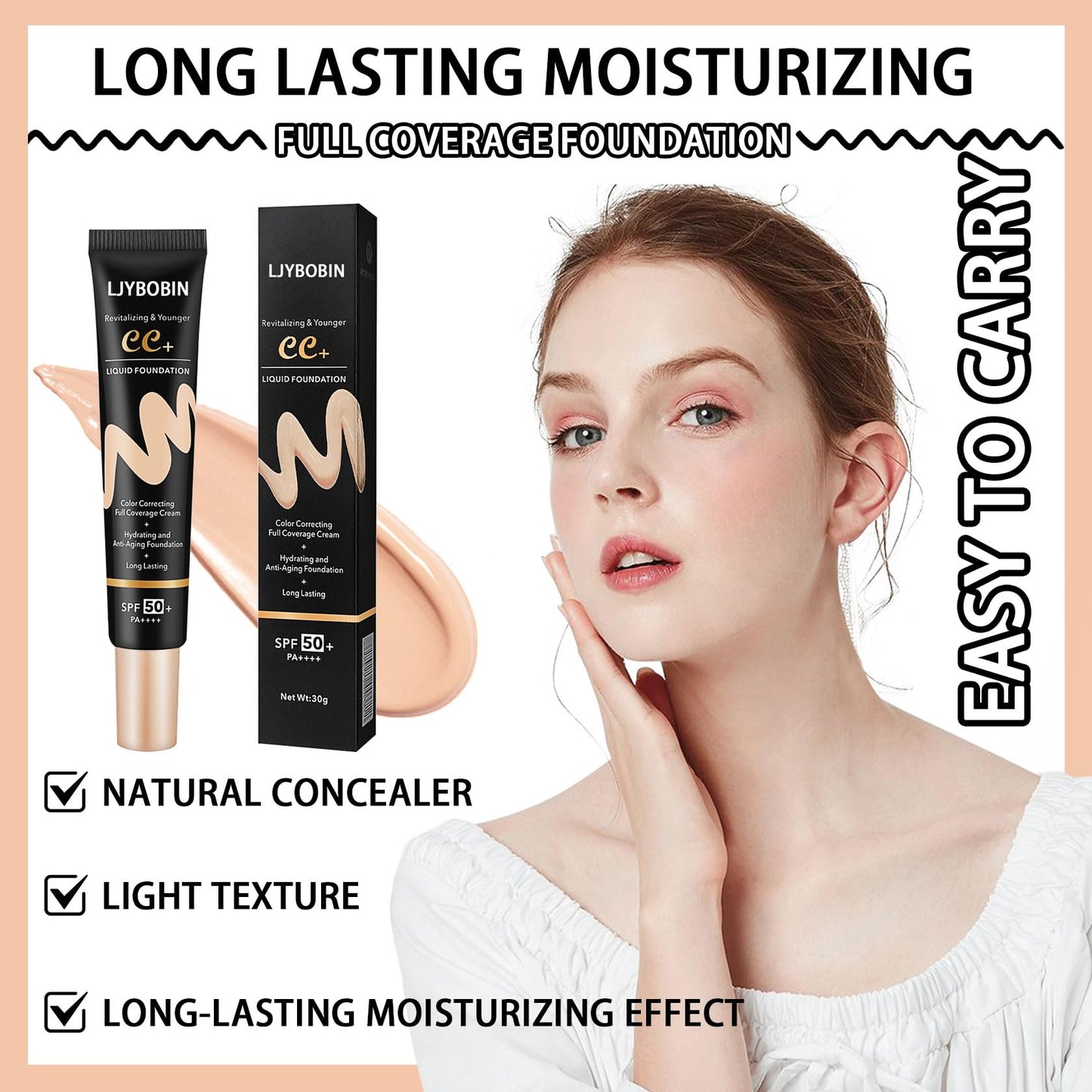 Hydrating CC Cream with Makeup Sponge,Waterproof Flawless Concealer Full Coverage BB Cream and Loose Setting Powder,Long Lasting Full Coverage Liquid Foundation for Men & Women（3 Pcs）