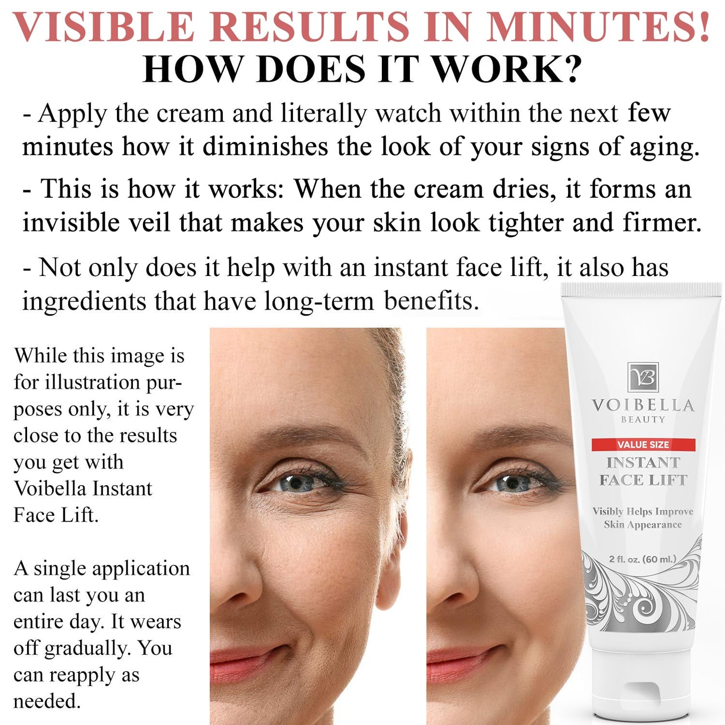 Instant Face Lift Cream 2 oz - Best Eye, Neck, Face Tightening, Lifting & Firming Serum To Smooth Appearance, Hide Loose Sagging Skin, Puffiness, Fine Lines & Wrinkles in Mins (Peptides & Stem Cells)
