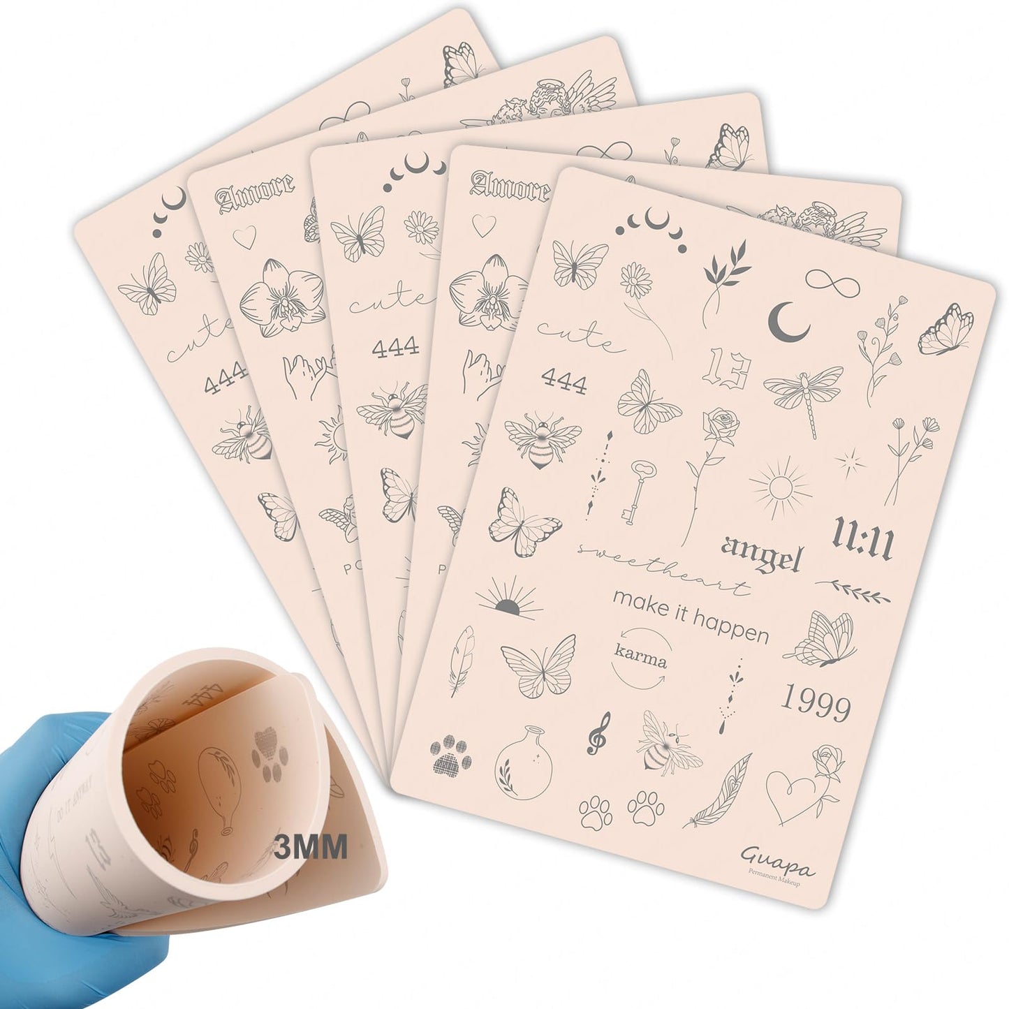 Guapa 3MM Pre-Printed Tattoo Practice Skin – 5.7×8.2"" Thick Silicone Fake Skin for Fine Line Tattoos – Realistic Double-Sided Tattoo Skin for Beginners & Artists (White 3PCS and pink 3PCS)