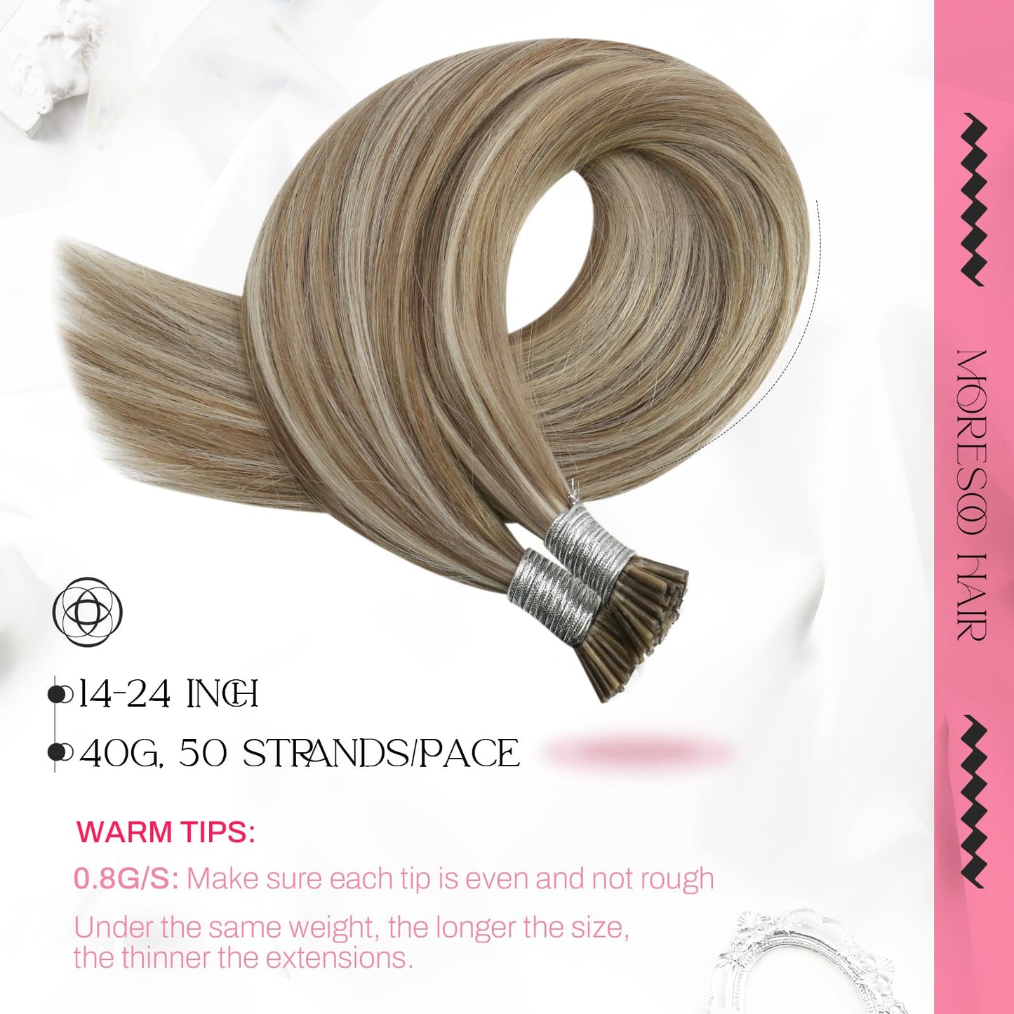Moresoo I Tip Hair Extensions Human Hair, Light Brown with Platinum Blonde Highlights, 20 Inch 40G 50 Strands, Long Straight Elegant Blend, for Wedding and Special Events