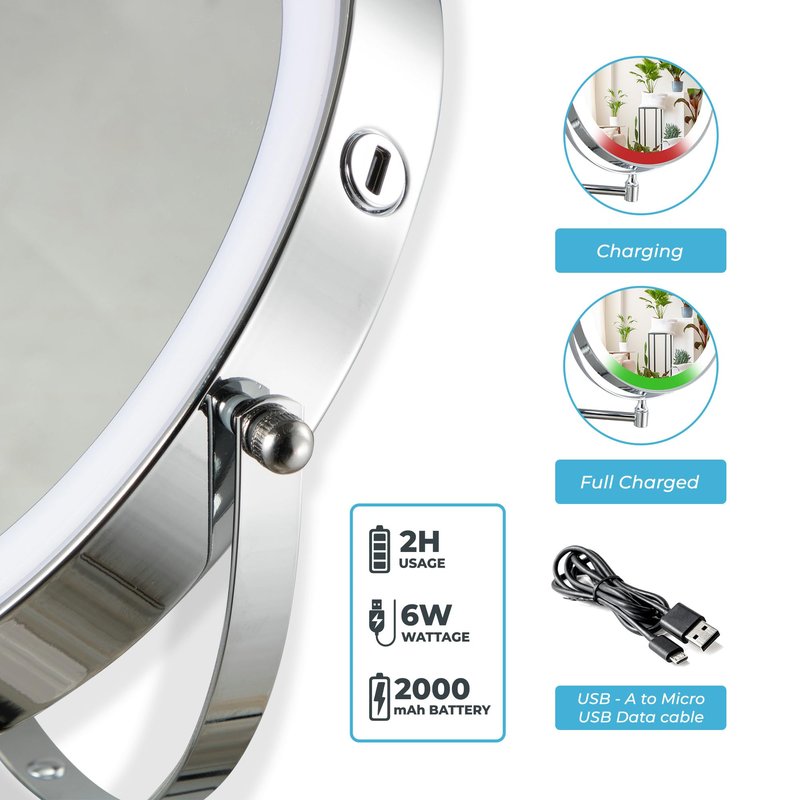 Fab Glass and Mirror Lighted Vanity Wall Mirror 1X/10X Magnifying, 8" Rechargeable 2000mAh Wall Mounted Makeup with 3 Color LED, Double-Sided Bathroom Touch Dimmable 360 Rotation Chrome