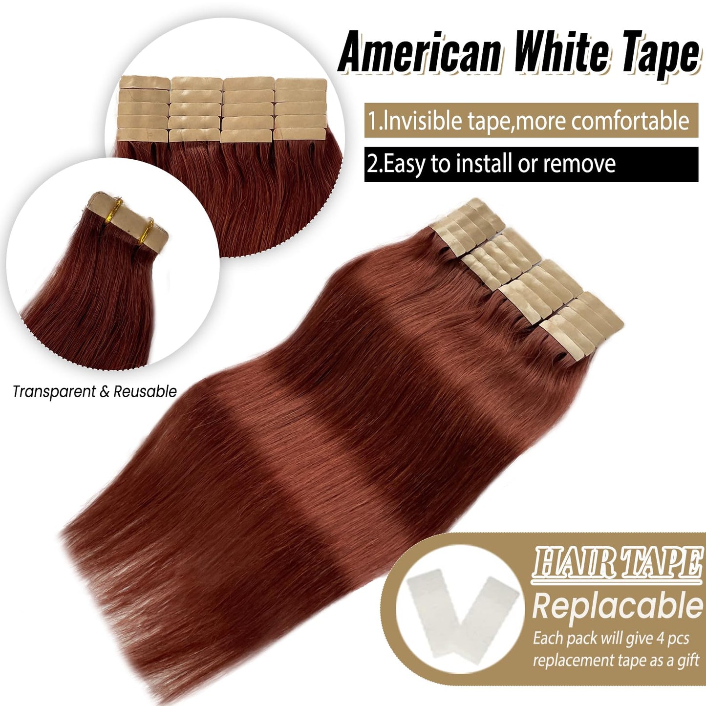 Munx Real Hair Extension Dark Auburn Tape in Human Hair Extension 18inch 20pcs 40g Tape in Remy Silky Straight Natural Hair Extensions