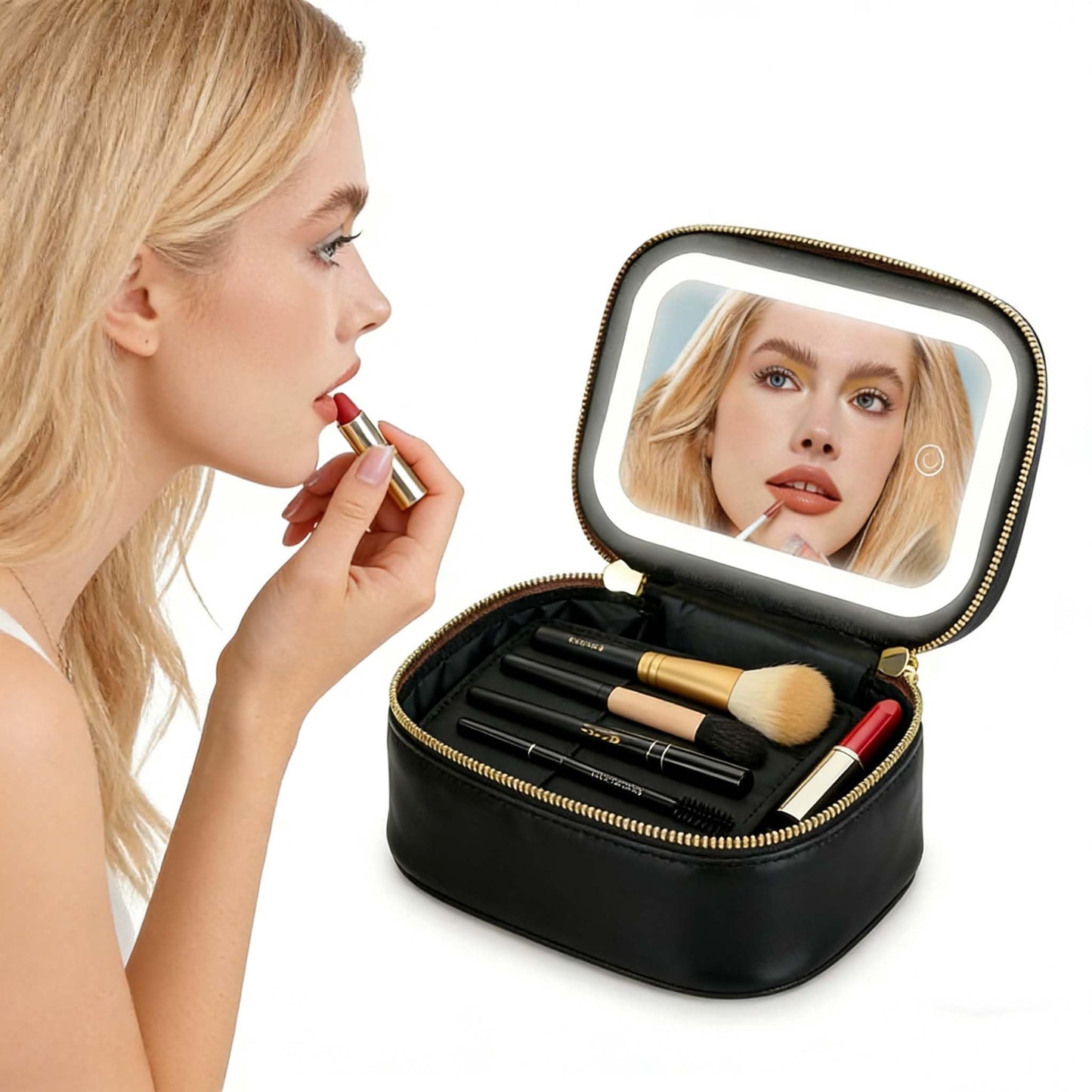 FANSUIT Mini Makeup Bag with Led Mirror, Small Travel Make up Bag 3 Light Modes Adjustable Brightness, Rechargeable Portable Makeup Pouch with Handle, for Pool Parties Work Touch-Ups (Black)