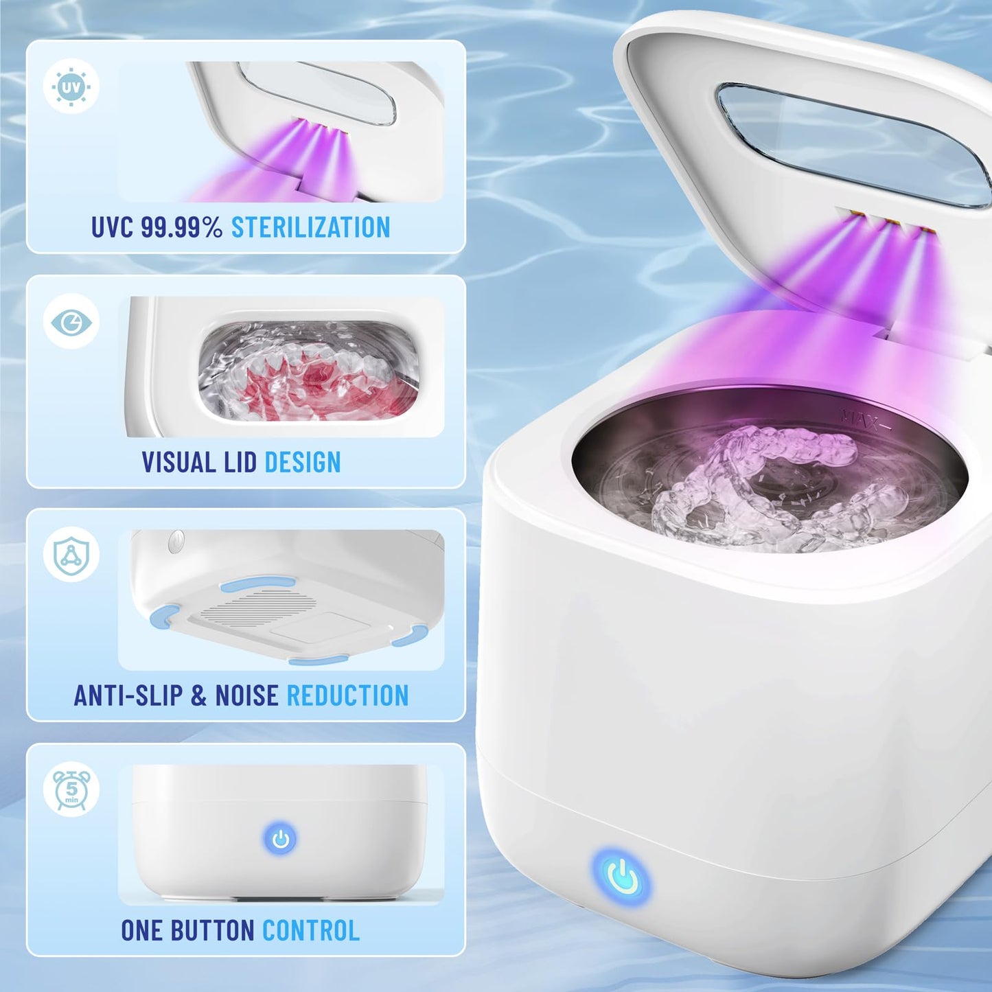 Sonolab Ultrasonic Retainer Cleaner Machine with Removable Tank and Cleaning Tablets, 45kHz Sonic Dental Cleaning Pod, 240ml Large Capacity Ultrasonic UV Cleaner for Dentures, Aligners, Mouth Guards