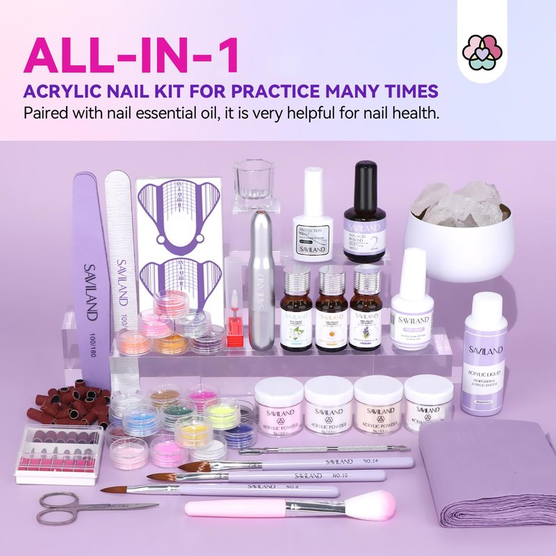 SAVILAND Acrylic Nail Kit with Drill & Essential Oil: Professional Acrylic Nails Kit for Beginner with Everything Nail Powder & Liquid Nail Primer Complete Home DIY Kit Salon Women Christmas Gift