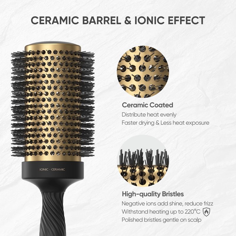 Ellen Evyse 2 in 1 Ceramic Round Brush for Blow Drying,Ceramic Barrel for Hair Styling, Polished Bristles, Enhance Texture Volume, for Women & Men,with 4 Hair Clips (2.1 Inch&1.3 Inch)
