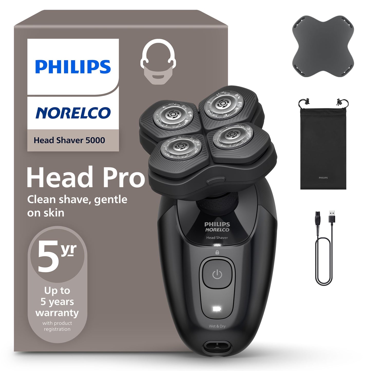 Philips Norelco Head Shaver Pro 5000 Series - Electric Shaver for Men and Women, 360° Flexing Head & ComfortCut Blades for Clean Shave, Gentle on Skin, Model HS5980/40