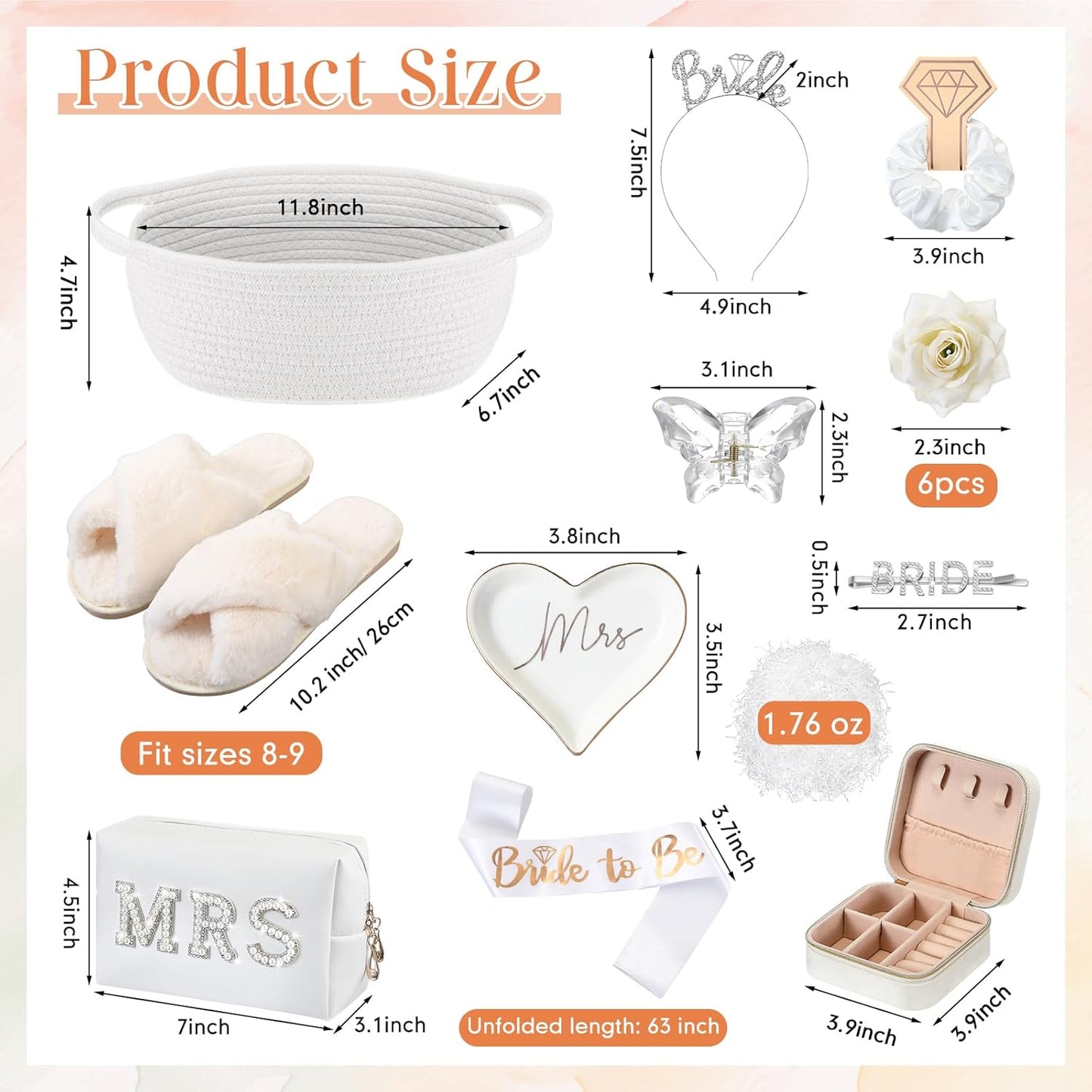 Bride To Be Gift Basket - 17 Pcs Bridal Shower Set with Makeup Bag, Slippers, Sash & More | White