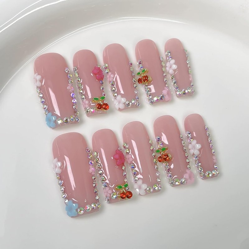 Handmade Press-On Nails - Long Square Acrylic Nails with 3D Cherry Rhinestones & Flower Designs | Pink Sparkly French Tips, 10pcs (Size M)