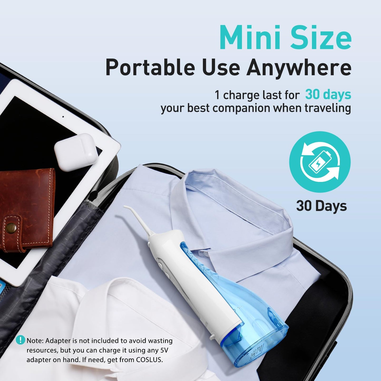 COSLUS ADA Accepted Water Dental Flosser Teeth Pick C20: Portable Cordless Oral Irrigator 300ML Rechargeable Travel Irrigation Cleaner IPX7 Waterproof Electric Flossing Machine, Professional Set White