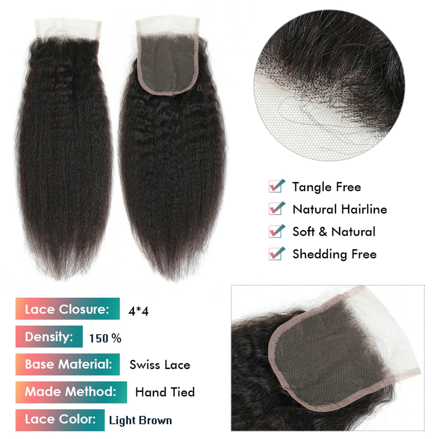 LINYINGYH Human Hair Kinky Straight Yaki Lace Closure 14 Inch No Part 4x4