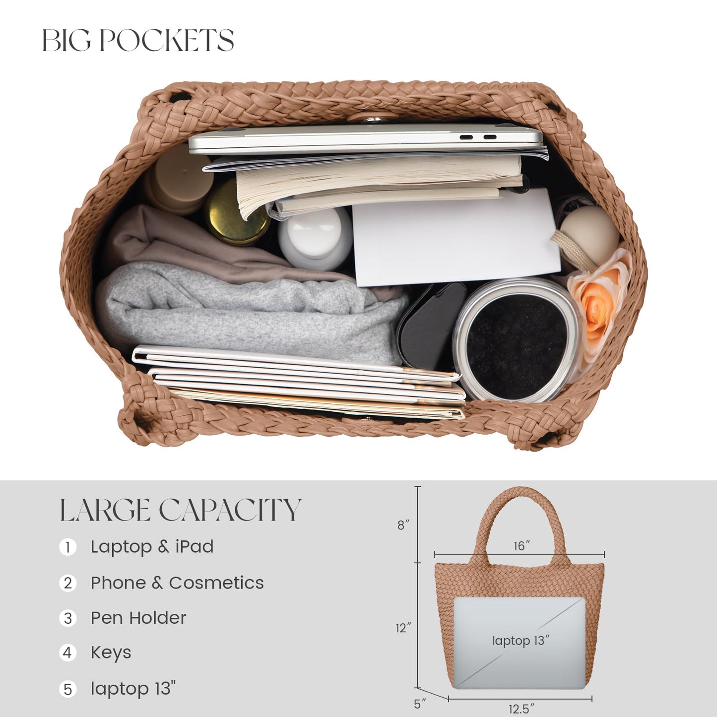 Woven Leather Shoulder Bag Slouchy Luxury Trendy Lightweight Large Purses Satchel Work and Beach Bags for Women