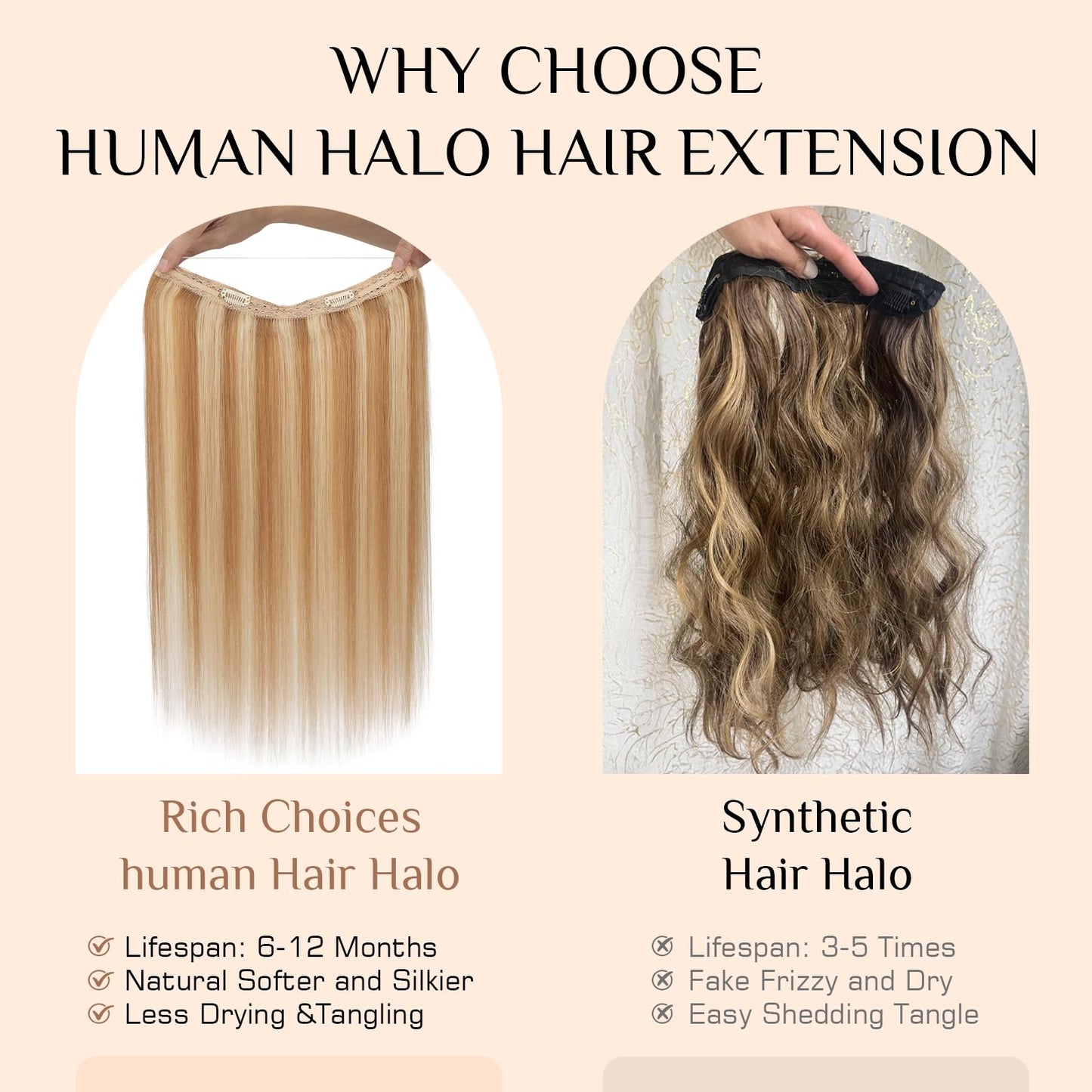 Rich Choices Halo Hair Extensions Real Human Hair Remy Hairs Halo Extension for Women Invisible Wire One Piece Clip in Hairpiece 16 Inch Straight-#12P613 Golden Brown Highlight Bleach Blonde