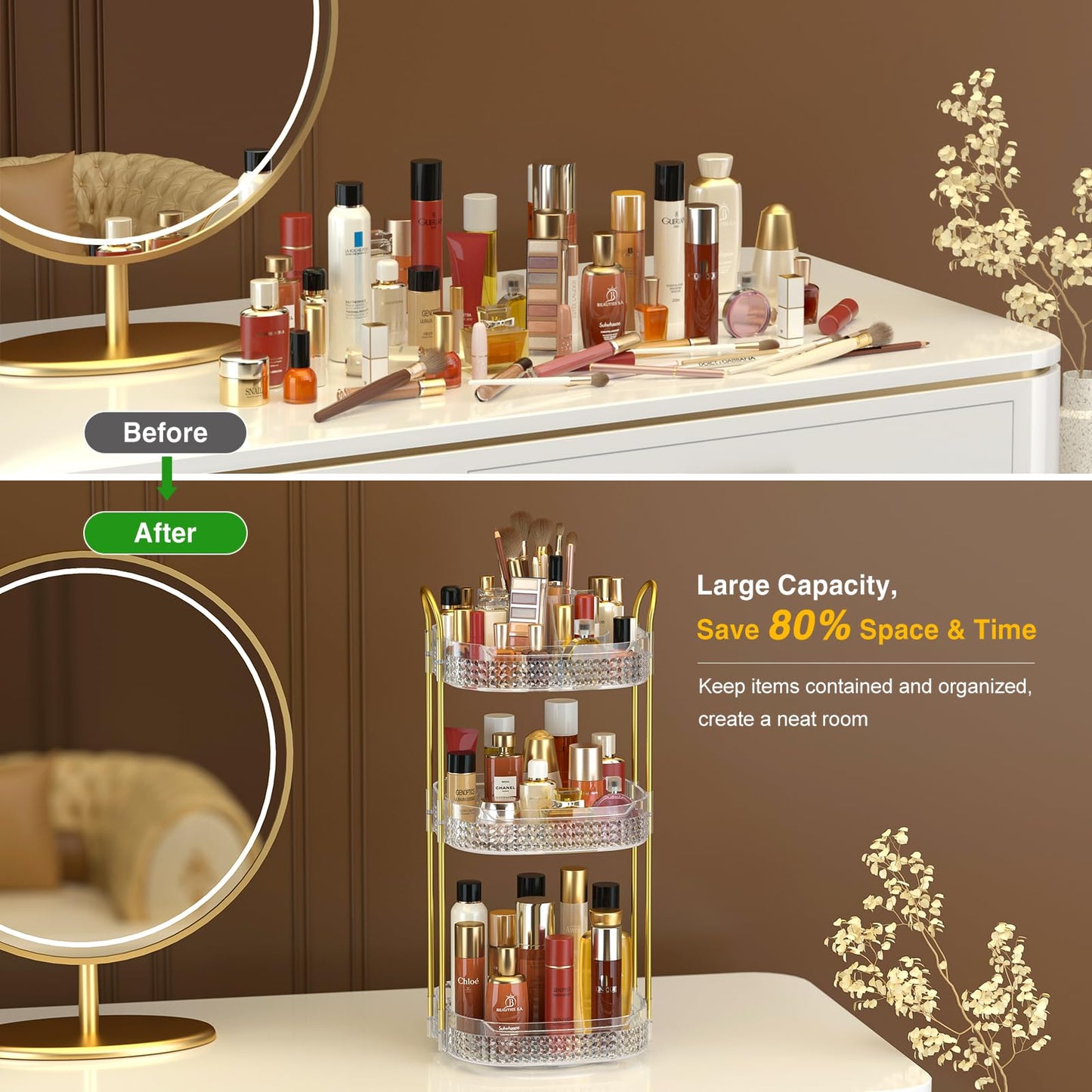 Awenia Rotating Makeup Organizer 360, Stackable Adjustable Large Capacity Cosmetic Storage Unit,Dresser Bathroom Kitchen Countertop Organizer with Metal Handle, Plus Size (Gem Green, 3 Tier)