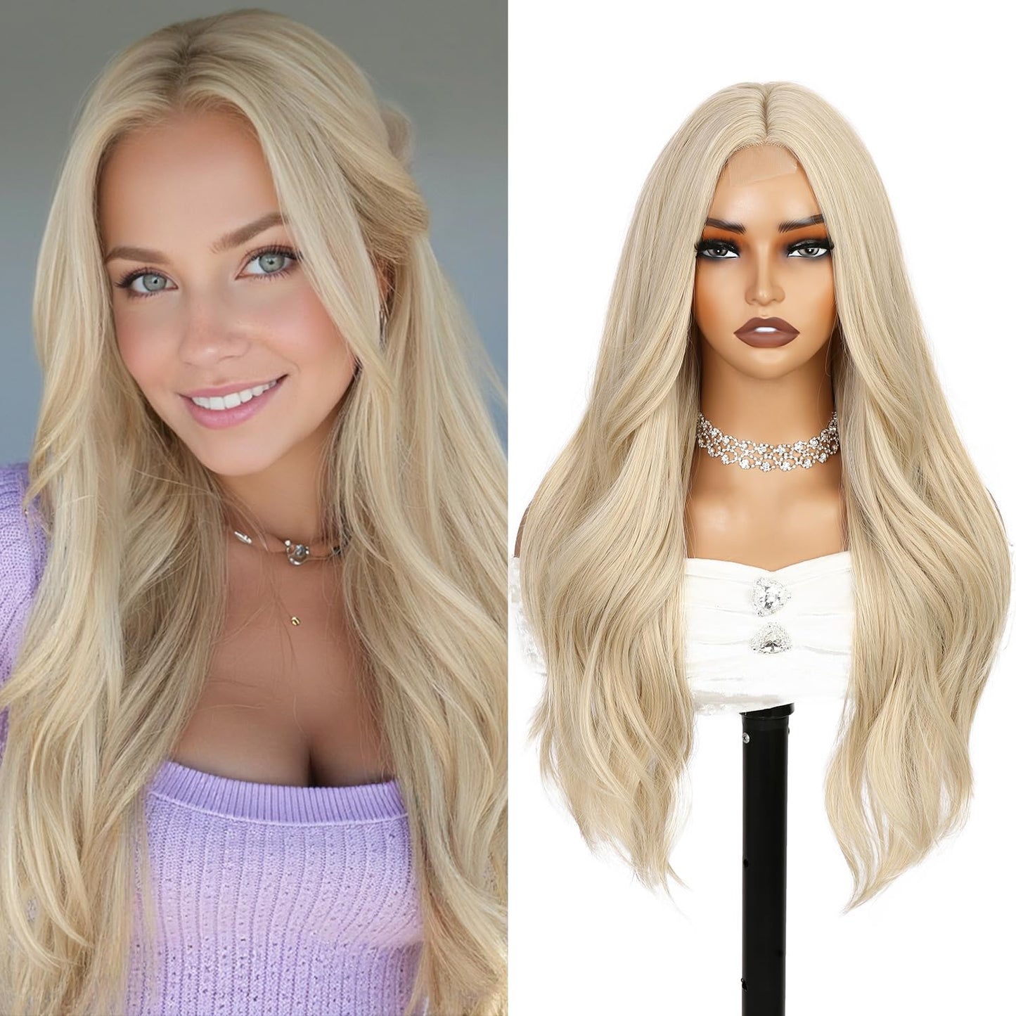 WIGER Mixed Blonde Long Wavy Wig Synthetic Middle Part Curly Wavy Layered Wig Glueless Heat Resistant Fiber Wig for Women Cosplay Party Christmas