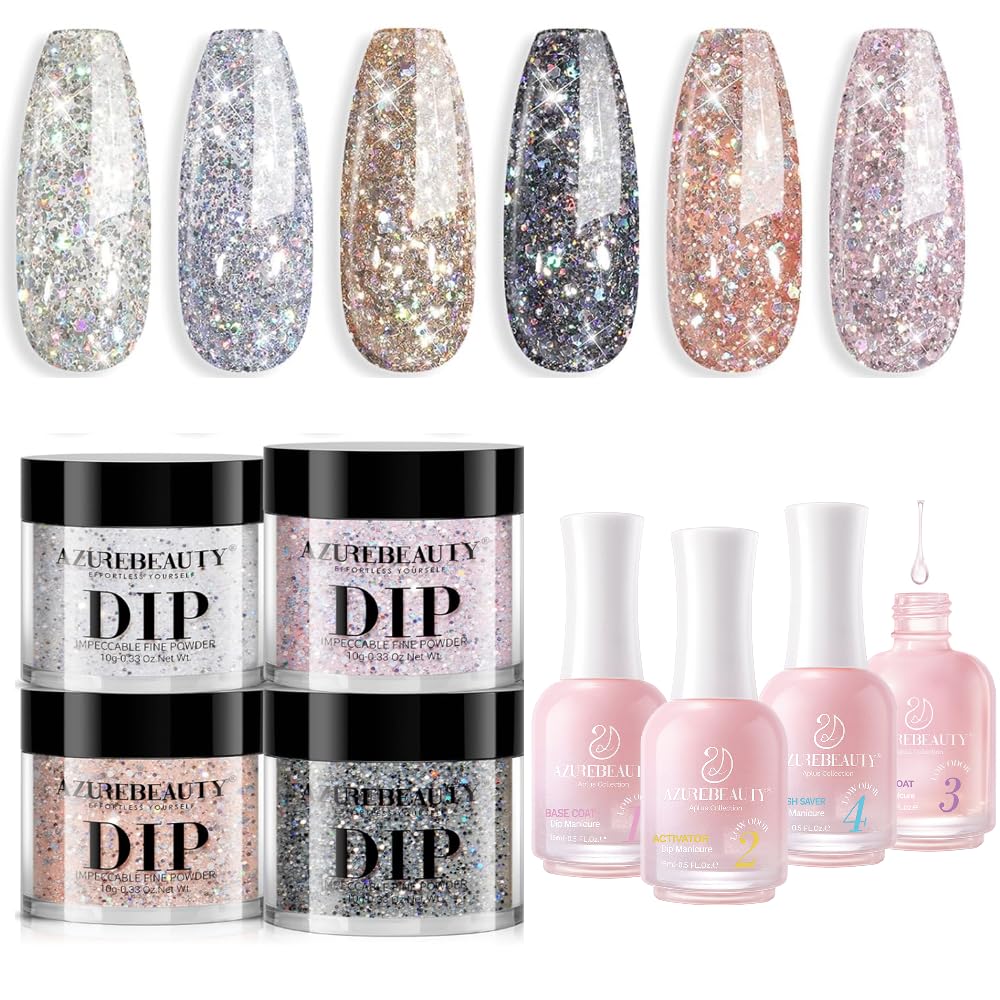 AZUREBEAUTY Dip Powder Nail Set, Silver Pink Black Dip Powder Liquid Set 4 Pcs Clear Dipping Powder Base Activator Top Coat and Brush Saver