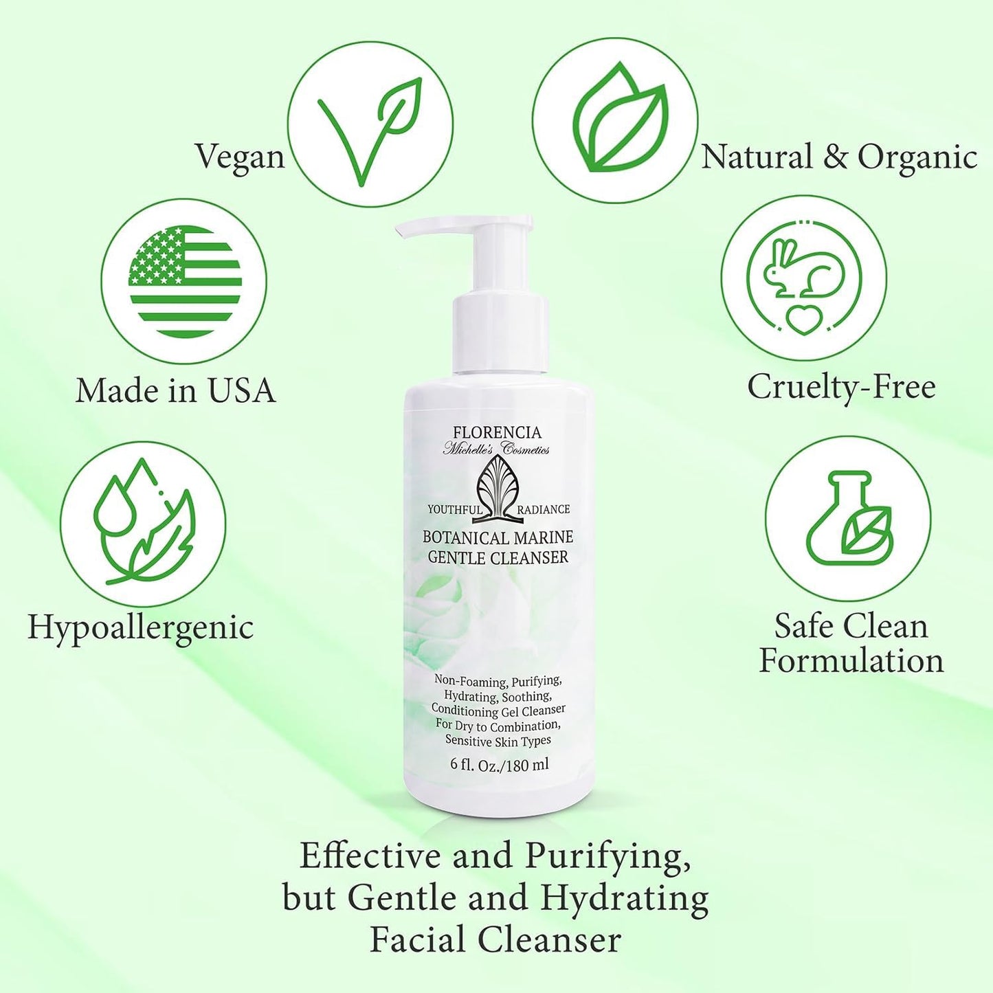 Florencia Botanical Marine Gentle Cleanser – Non Foaming Hydrating Purifying Face Wash with Marine Algae Seaweeds and Organic Botanicals for Dry Normal and Sensitive Skin – 6 Fl Oz