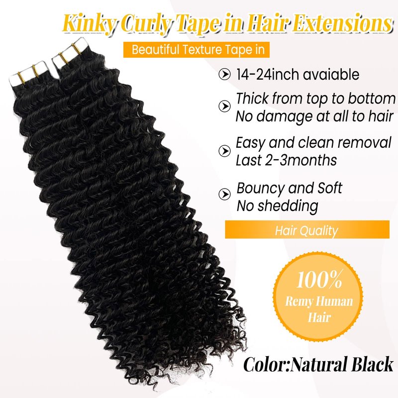 Curly Tape ins 20 pcs Kinky Curly Tape in Hair Extensions Human Hair Natrual Black for Women 18 Inch 50G