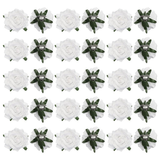MECCANIXITY 30 Pcs Rose Flower Hair Clips 4 Inch Flower Hair Pins Flower Brooch for Women Hair Accessories White