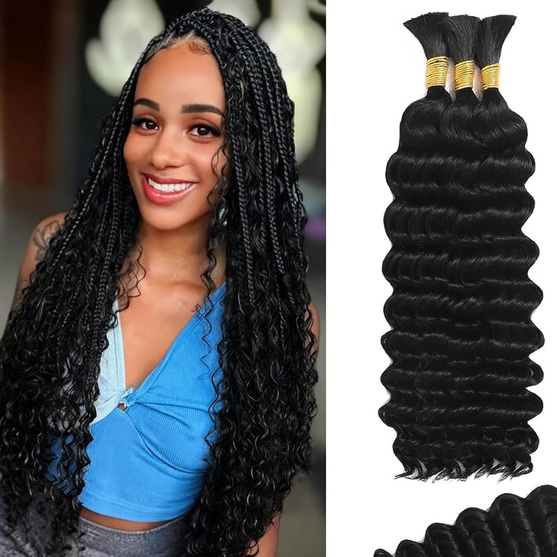 Human Braiding Hair - 18 Inch Deep Water Wave Curly Bulk | 110g Knotless Crochet Extensions for Boho Braids