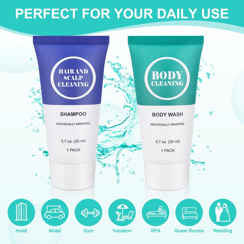 Travel Size Shampoo and Body Wash Set, Small Trial Hair Shampoo Sample Shower Gel Kit Mini Toiletries Amenities Set for Men and Women, Cleansing for Hotel/Vacation/Homeless 0.7 oz/20 ml (60 Pack)