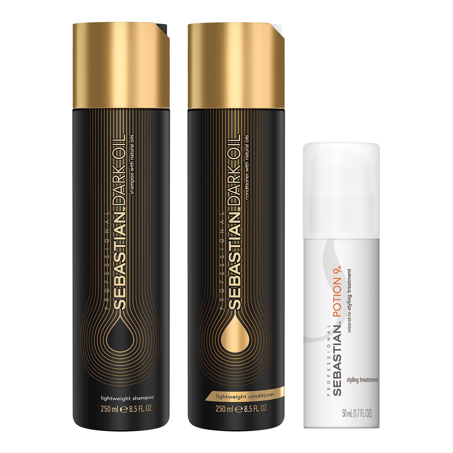 Sebastian Professional Dark Oil Lightweight Shampoo & Conditioner 8.4 fl oz, and Trial Size Potion 9 Leave-in Styling Treatment, 1.7 fl oz | Smoothing Trio Kit for Smooth, Shiny Hair