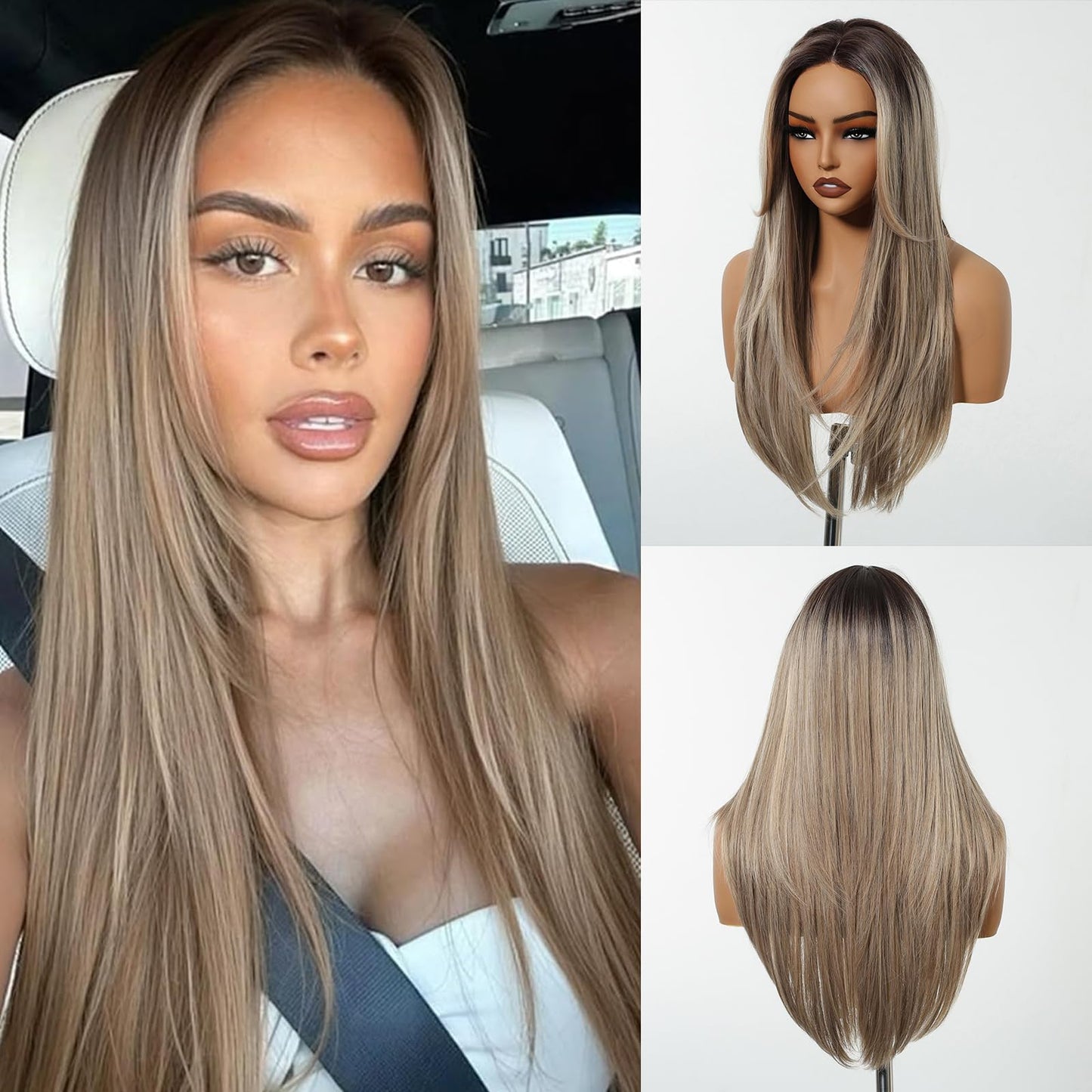 testar Long Straight Gray Wigs for White Women Ombre Sliver Gray Silky Hair Synthetic Middle Part Wigs for Daily Use Lace Closure Natural Hairline 26 IN