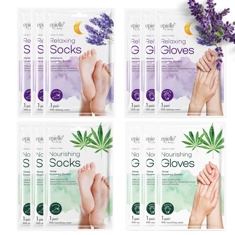 Epielle Relaxing & Nourishing Hand & Foot Masks, Soften Dry, Overworked Skin, Self Care Gifts for Women, Spa Kit, Mothers Day Gifts, 6 Moisturizing Gloves & 6 Moisturizing Socks