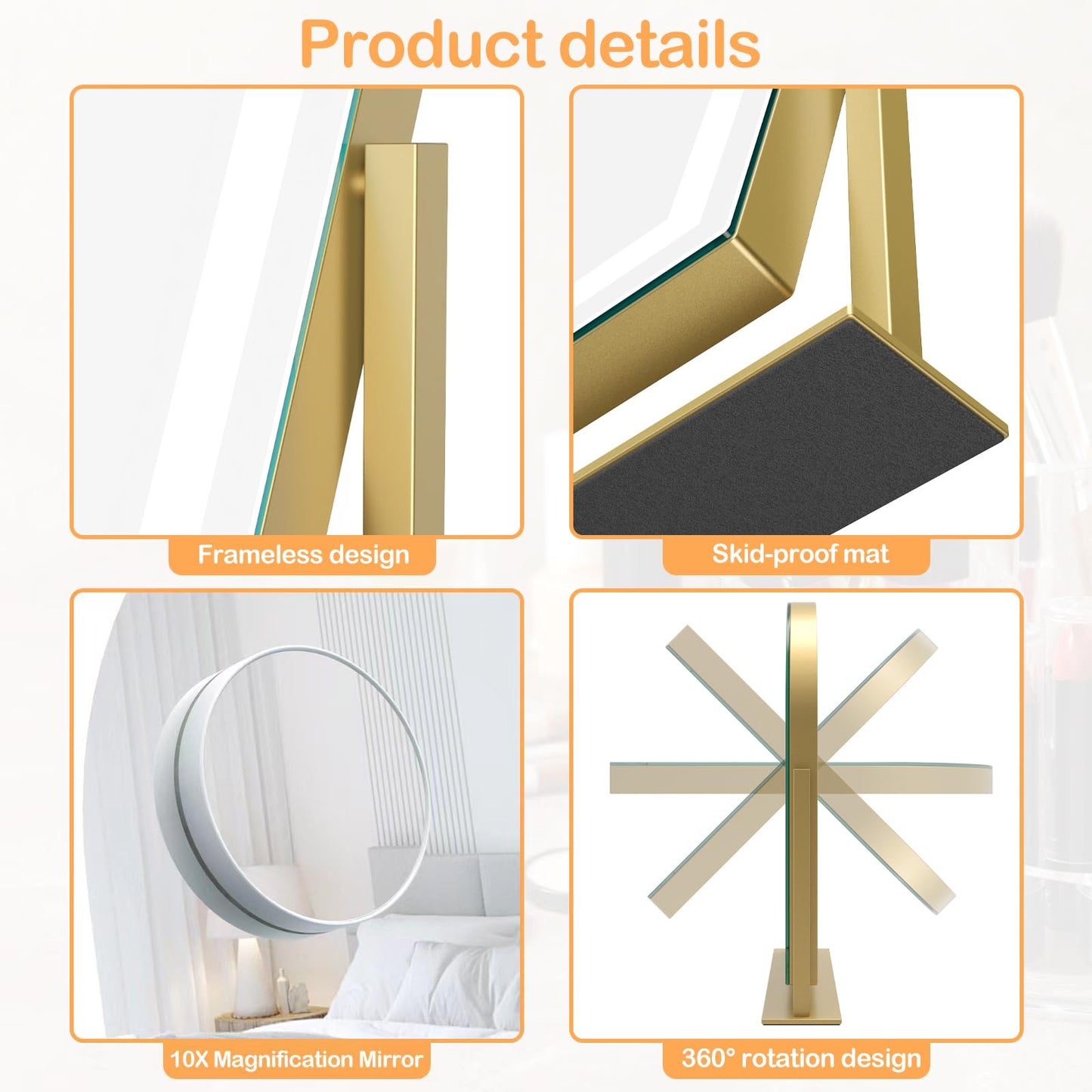 Gvnkvn Lighted Makeup Mirror, Hollywood Vanity Mirror with Lights, Three Color Lighting Modes, and Detachable 10X Magnification Mirror, Smart Touch Control, 360°Rotation (15.2in. Gold)