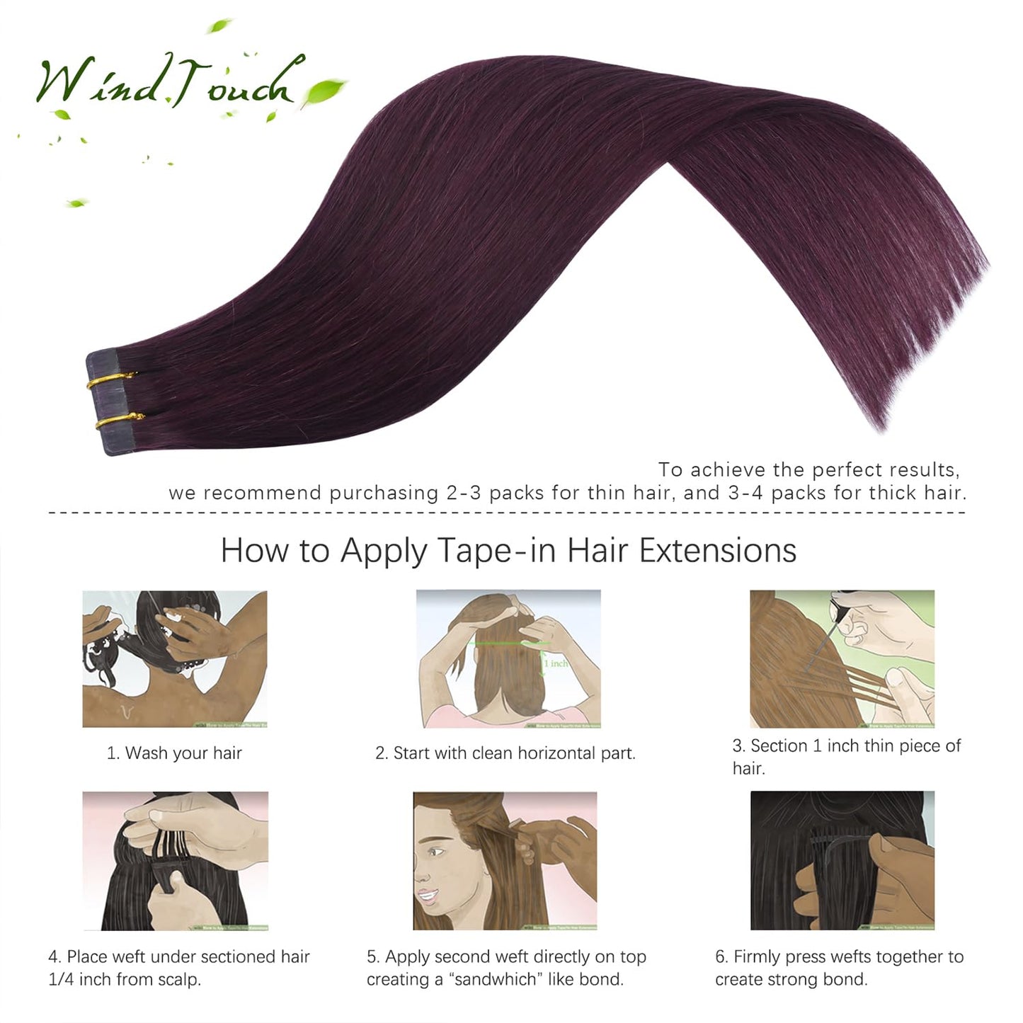 WindTouch Tape in Hair Extensions Wine Red Remy Silky-Smooth Straight Burgundy 20 Pcs 16Inch #99j 30g Invisible Tape in Hair Extensions Human Hair
