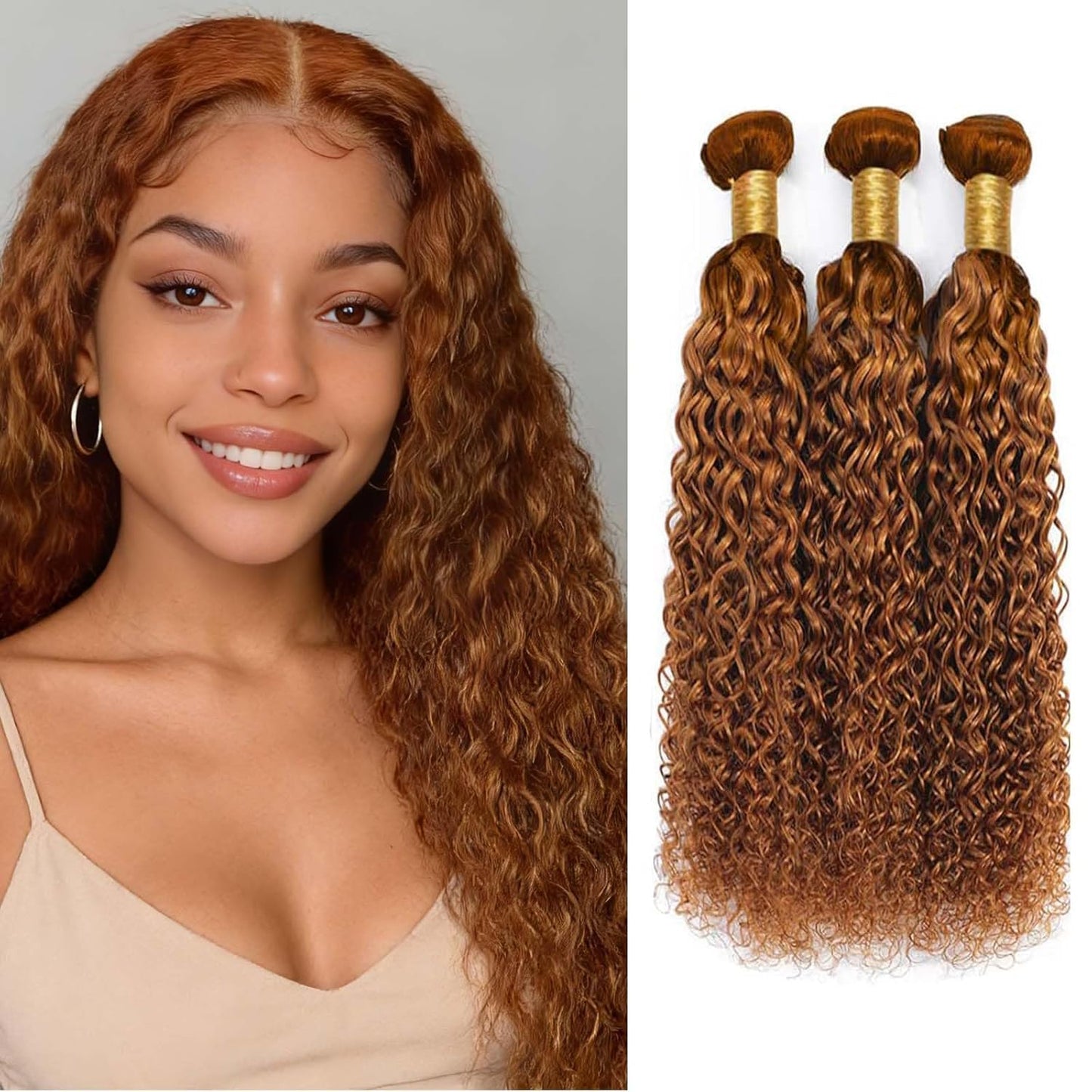 Color #30 Light Brown Human Hair Bundles Water Wave 16 18 20 Inch Curly Bundles Human Hair Unprocessed Native Virgin Hair 100/PC 3 Extensions Deep Wet and Wavy Human Hair Extensions for Women