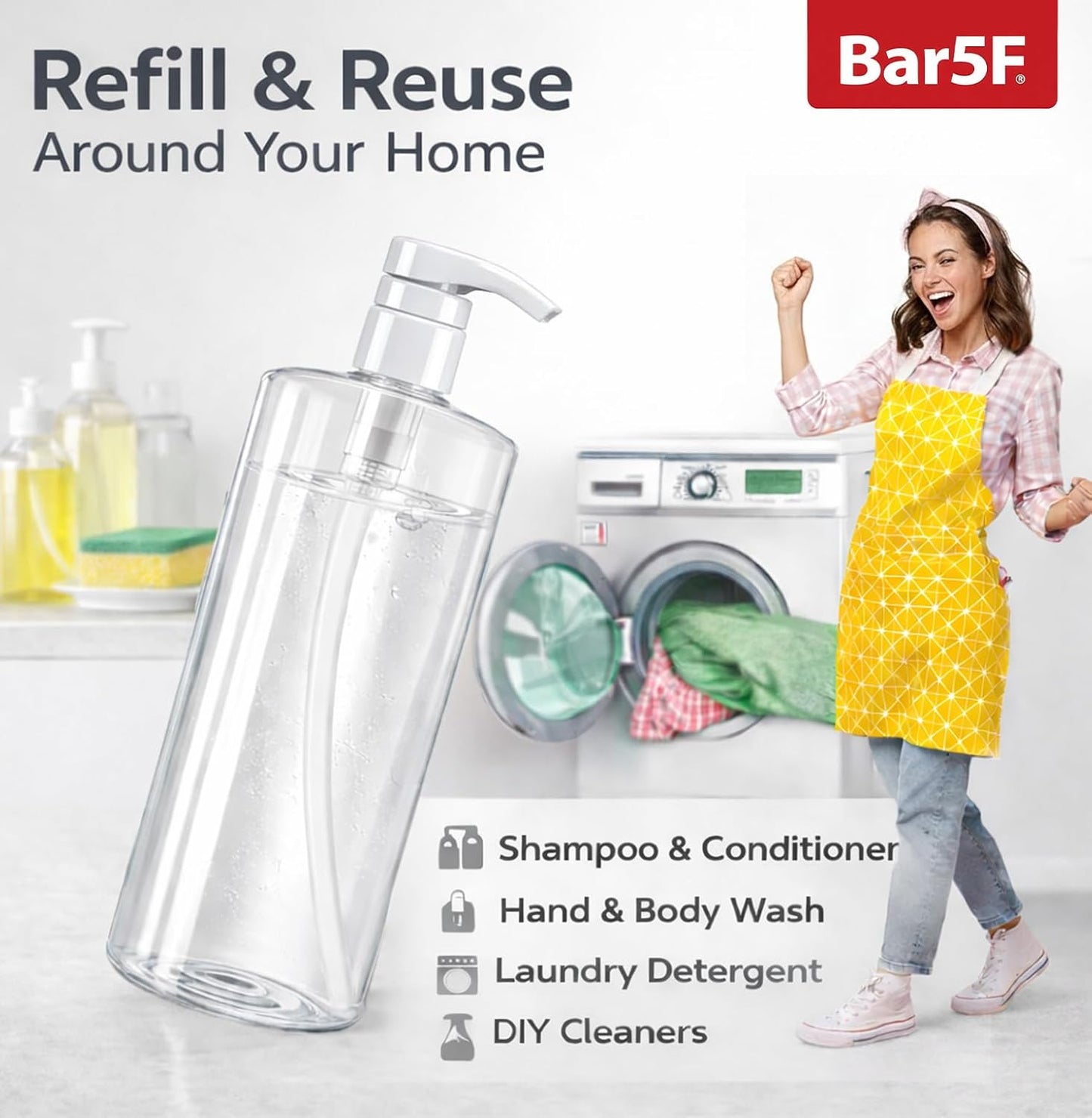 Bar5F Pump Bottle - 32-Ounce BPA-Free Clear Containers for Shampoo, Conditioner & Lotion | 2-Pack