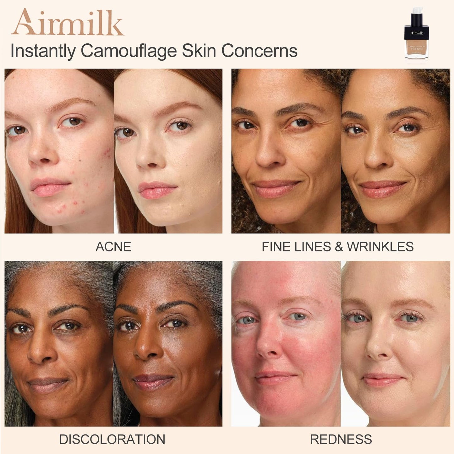 Airmilk Full Coverage Natural Liquid Foundation, Skincare Makeup with Salicylic Acid, Tattoo Cover, for All Skin Types, Sensitive Skin 30ml（MEDIUM COOL）