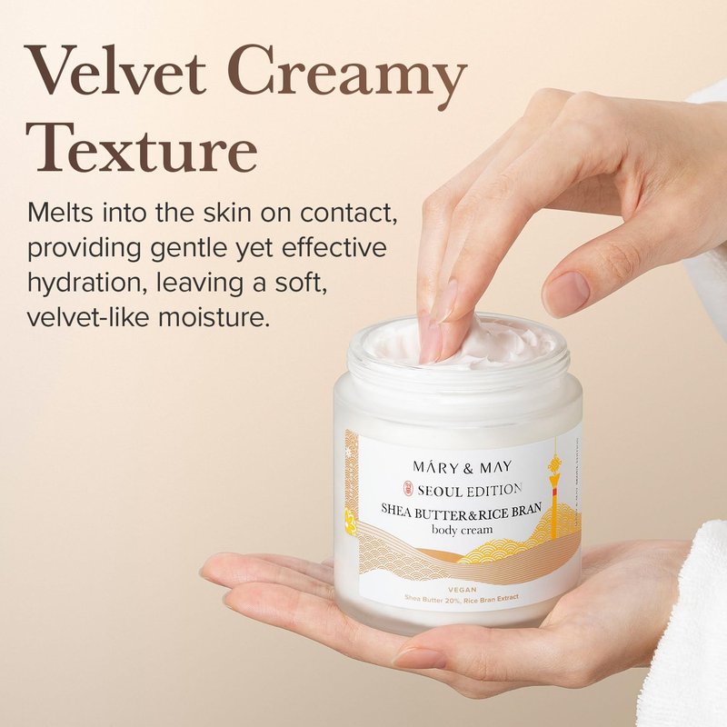 Mary&May SEOUL EDITION Shea Butter & Rice Bran Body Cream - Korean Vegan Boby Moisturizer for Dry and Sensitive Skin with Ceramide - Fragrance Free Body Butter, 8.45oz.